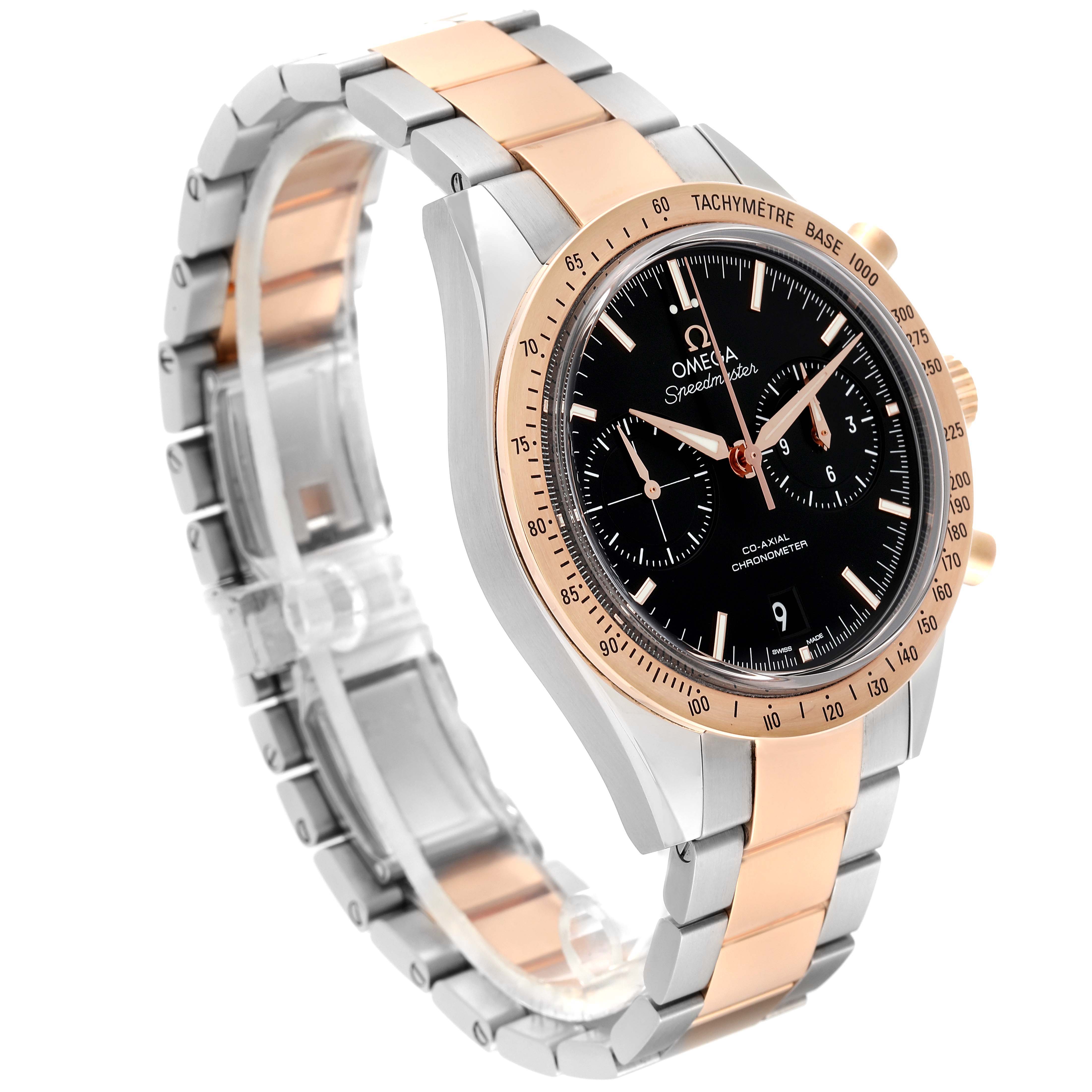 The Omega Speedmaster 331.20.42.51.01.002 Men's Steel and Gold (two tone) Black Dial 331.20.42.51.01.002 Men's Steel and Gold (two tone) Black Dial watch is shown at a slight angle, revealing the watch face, bezel, and metal bracelet with rose gold accents.