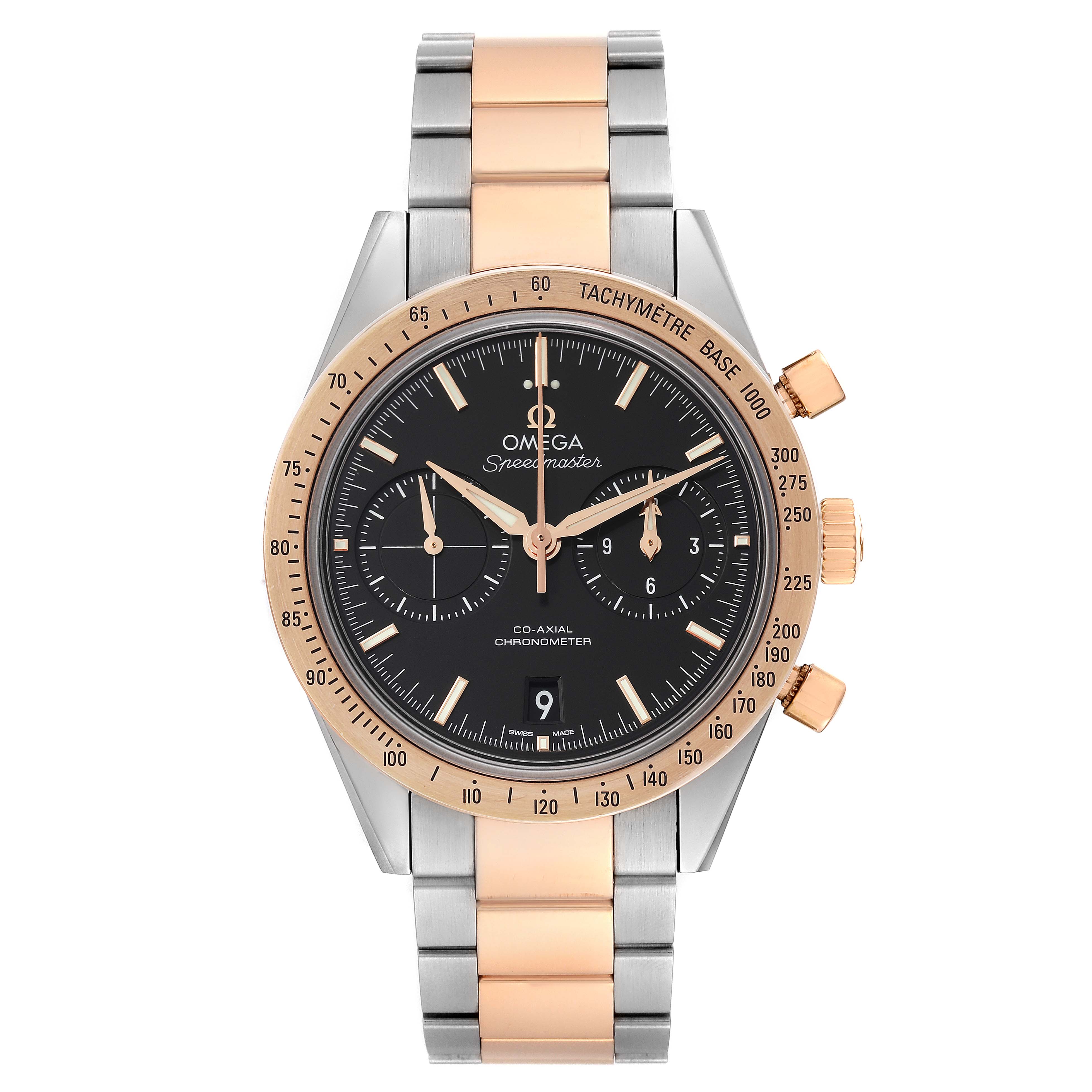 This image shows a frontal view of the Omega Speedmaster 331.20.42.51.01.002 Men's Steel and Gold (two tone) Black Dial 331.20.42.51.01.002 Men's Steel and Gold (two tone) Black Dial watch with a black dial, gold bezel, and a two-tone bracelet.