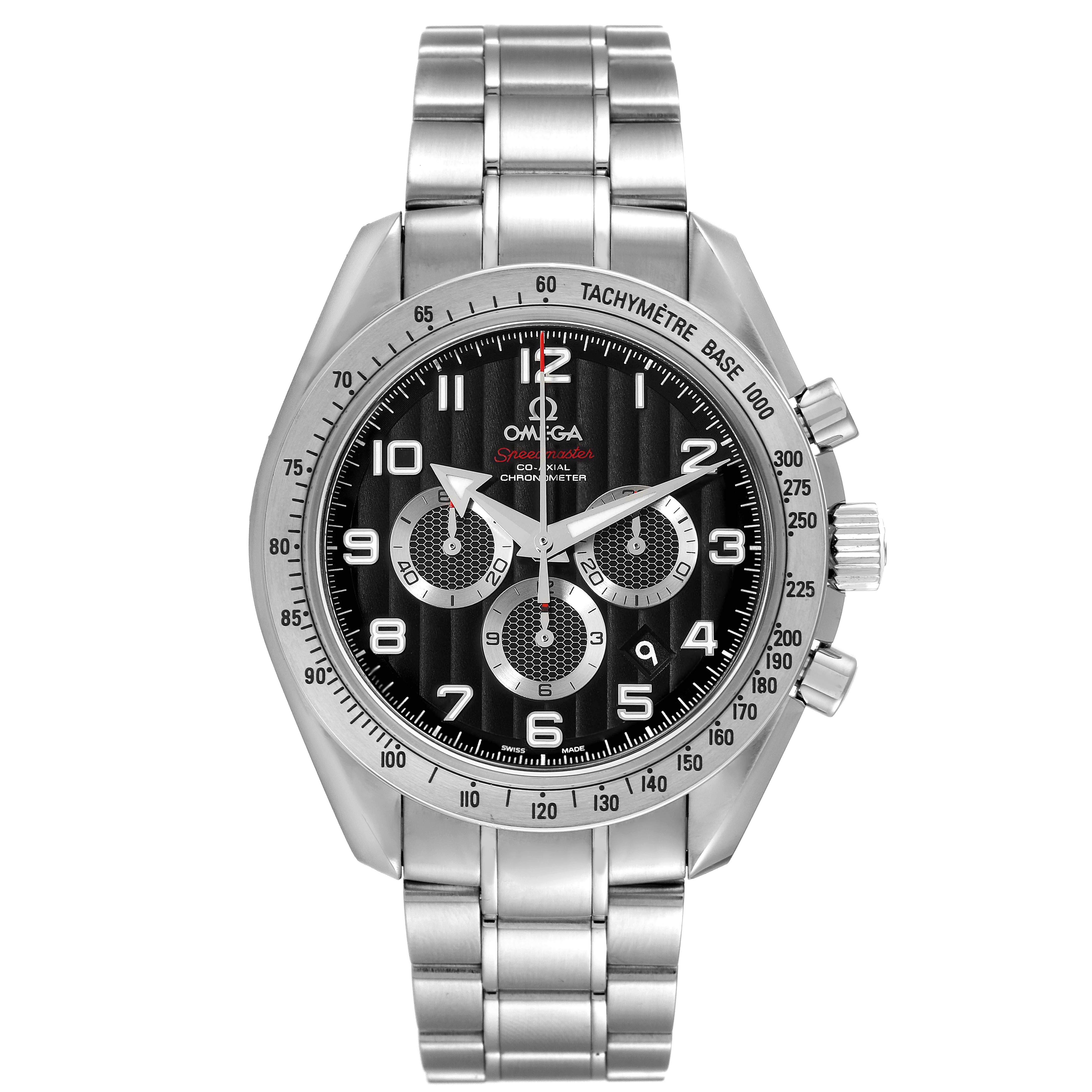 This image shows a front view of an Omega Speedmaster 321.10.44.50.01.001 Men's Stainless Steel Black Dial 321.10.44.50.01.001 Men's Stainless Steel Black Dial watch, highlighting the dial, hands, sub-dials, crown, and metal bracelet.