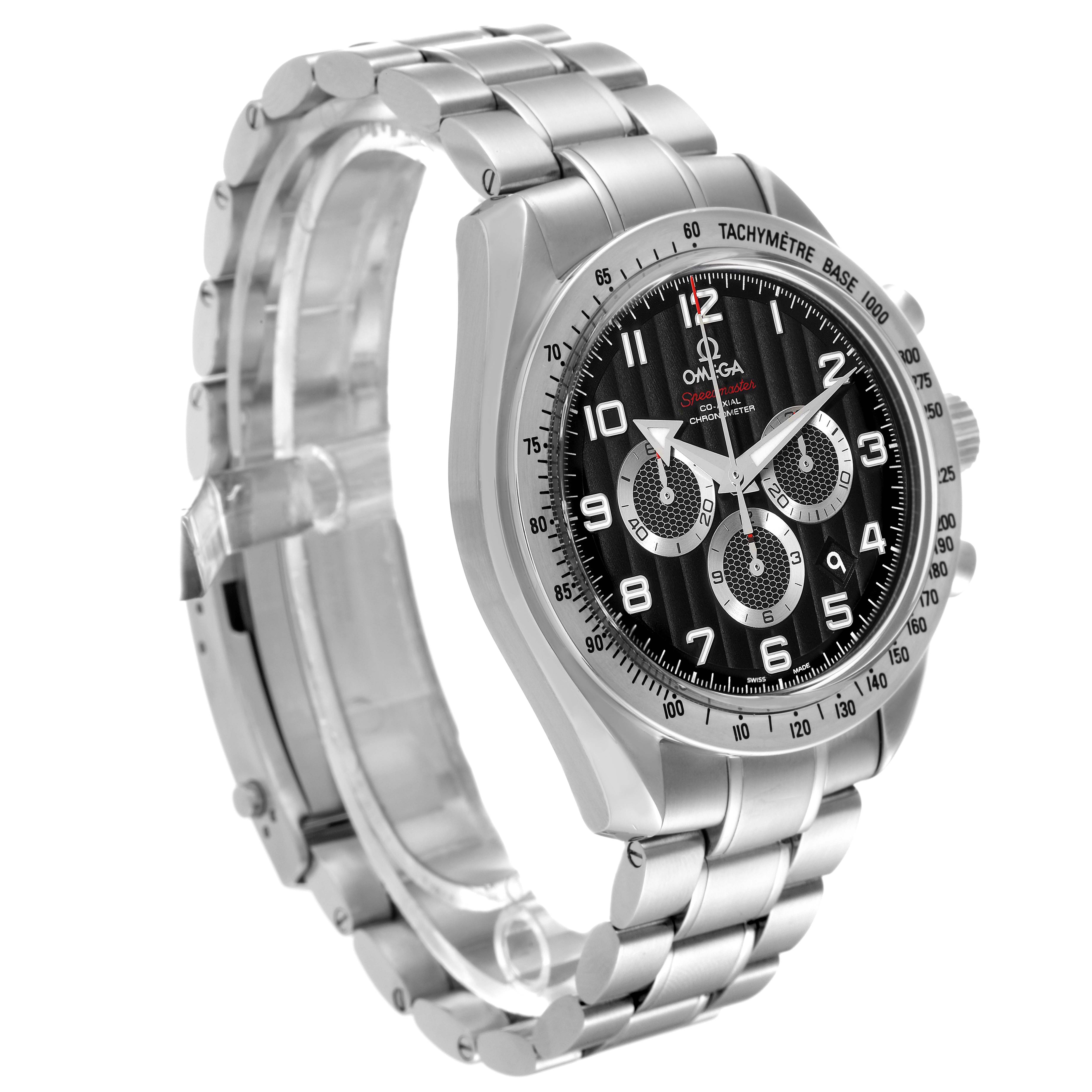 The image shows an Omega Speedmaster 321.10.44.50.01.001 Men's Stainless Steel Black Dial 321.10.44.50.01.001 Men's Stainless Steel Black Dial watch at a three-quarter angle, highlighting the face, bezel, crown, and metal bracelet.