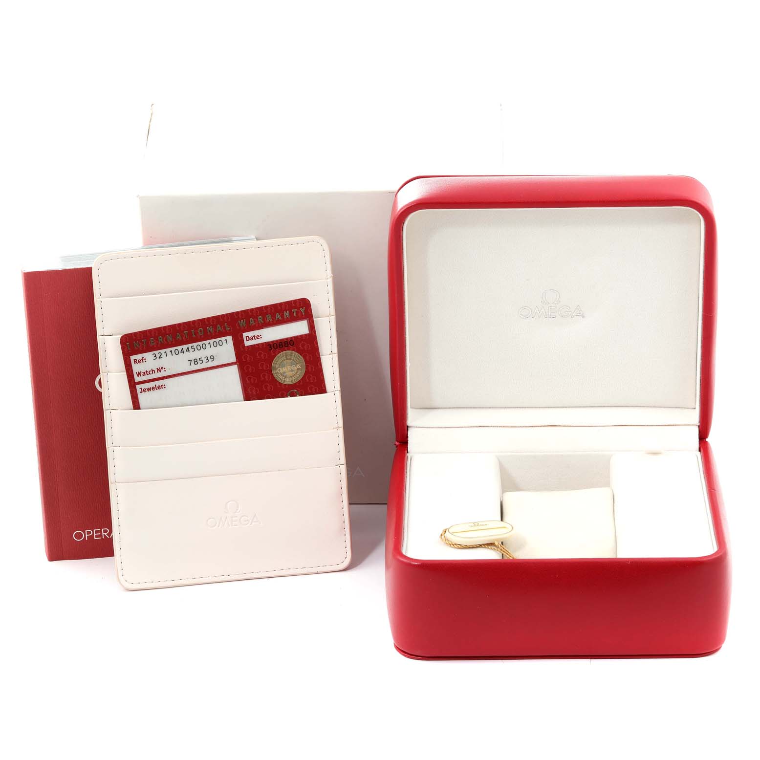 The image shows an Omega Speedmaster 321.10.44.50.01.001 Men's Stainless Steel Black Dial 321.10.44.50.01.001 Men's Stainless Steel Black Dial watch box with warranty cards, manual, and a red Omega watch case.