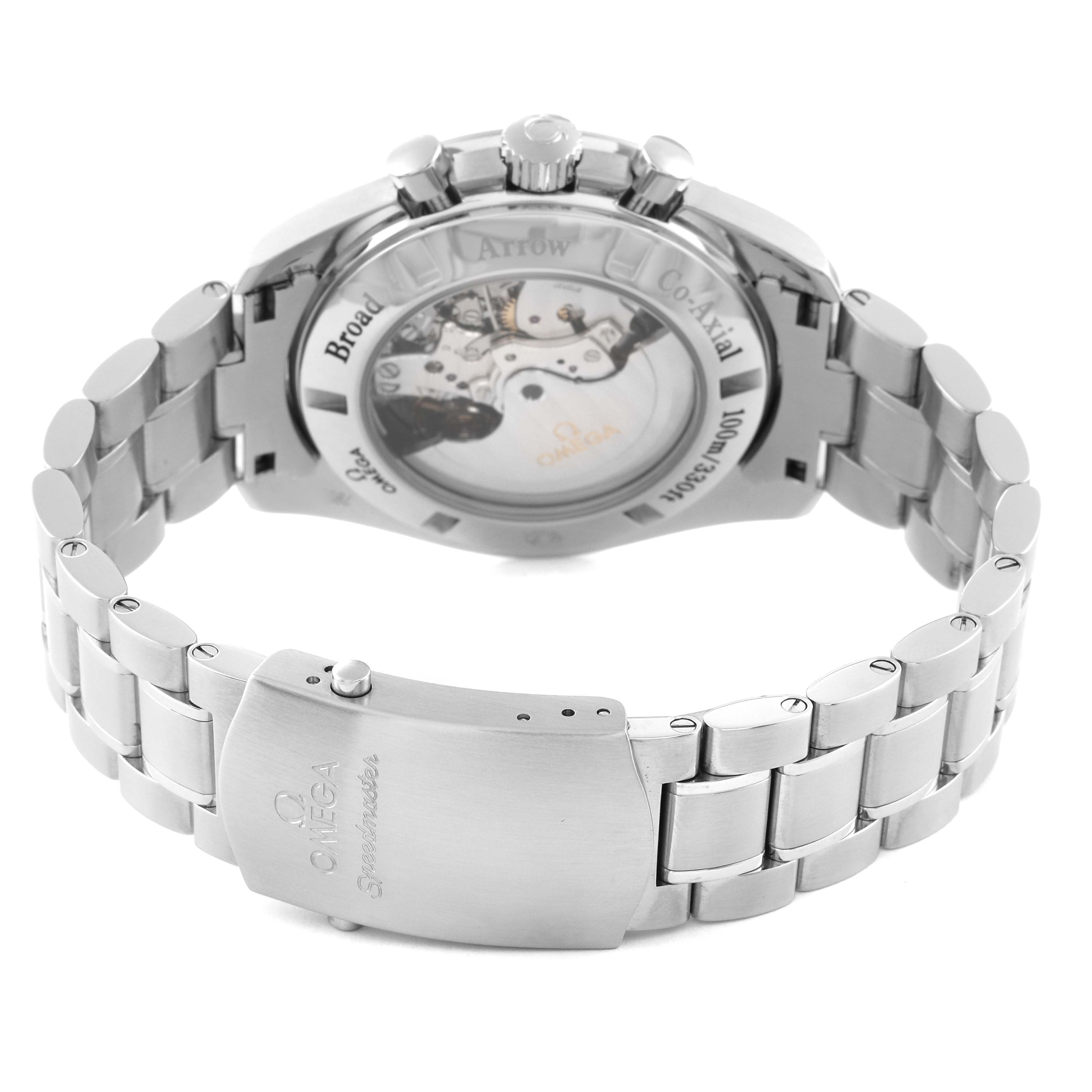 The image shows the back of an Omega Speedmaster 321.10.44.50.01.001 Men's Stainless Steel Black Dial 321.10.44.50.01.001 Men's Stainless Steel Black Dial watch, highlighting the case back and metal bracelet.