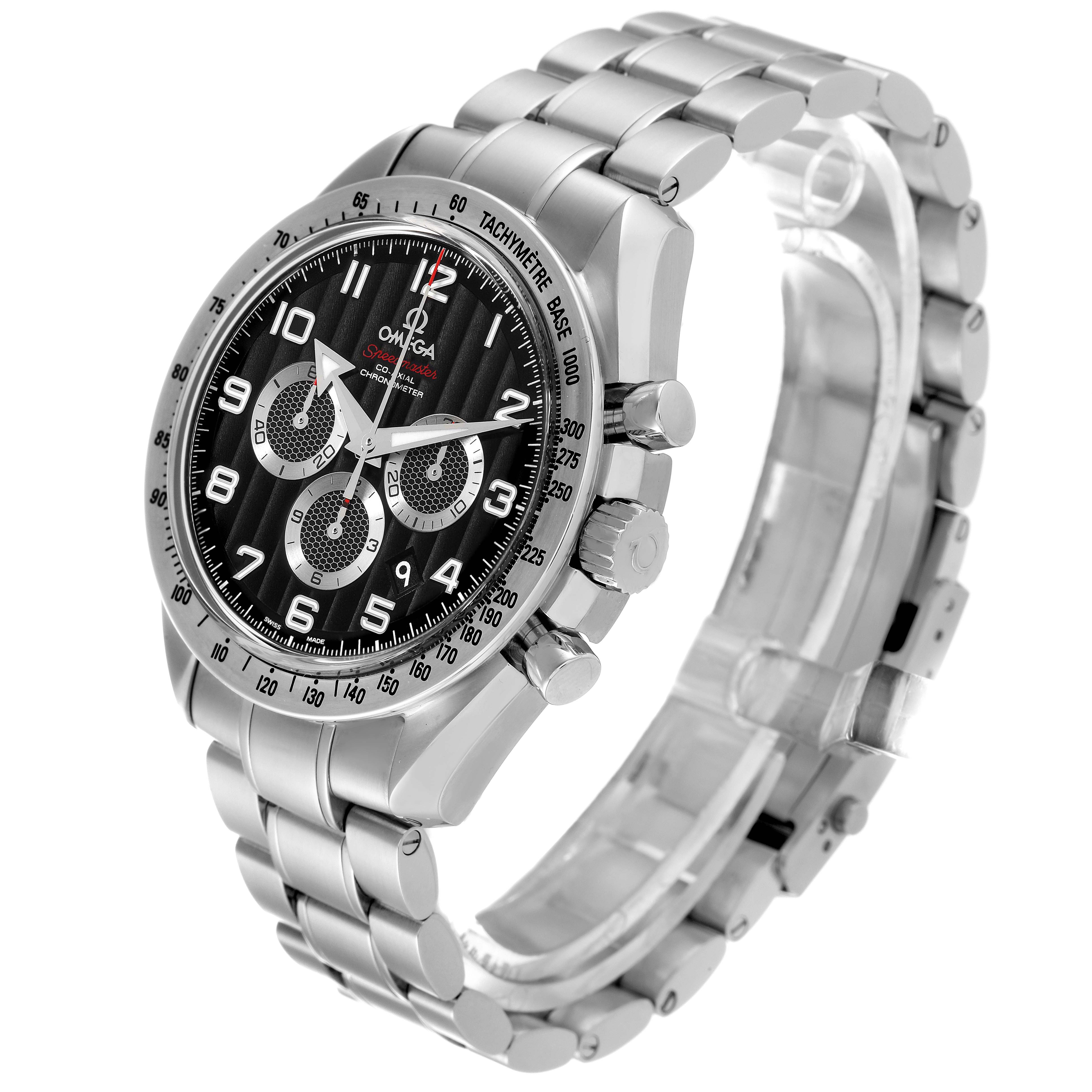 The Omega Speedmaster 321.10.44.50.01.001 Men's Stainless Steel Black Dial 321.10.44.50.01.001 Men's Stainless Steel Black Dial is shown from a three-quarter angle, highlighting the face, bezel, and metal bracelet.