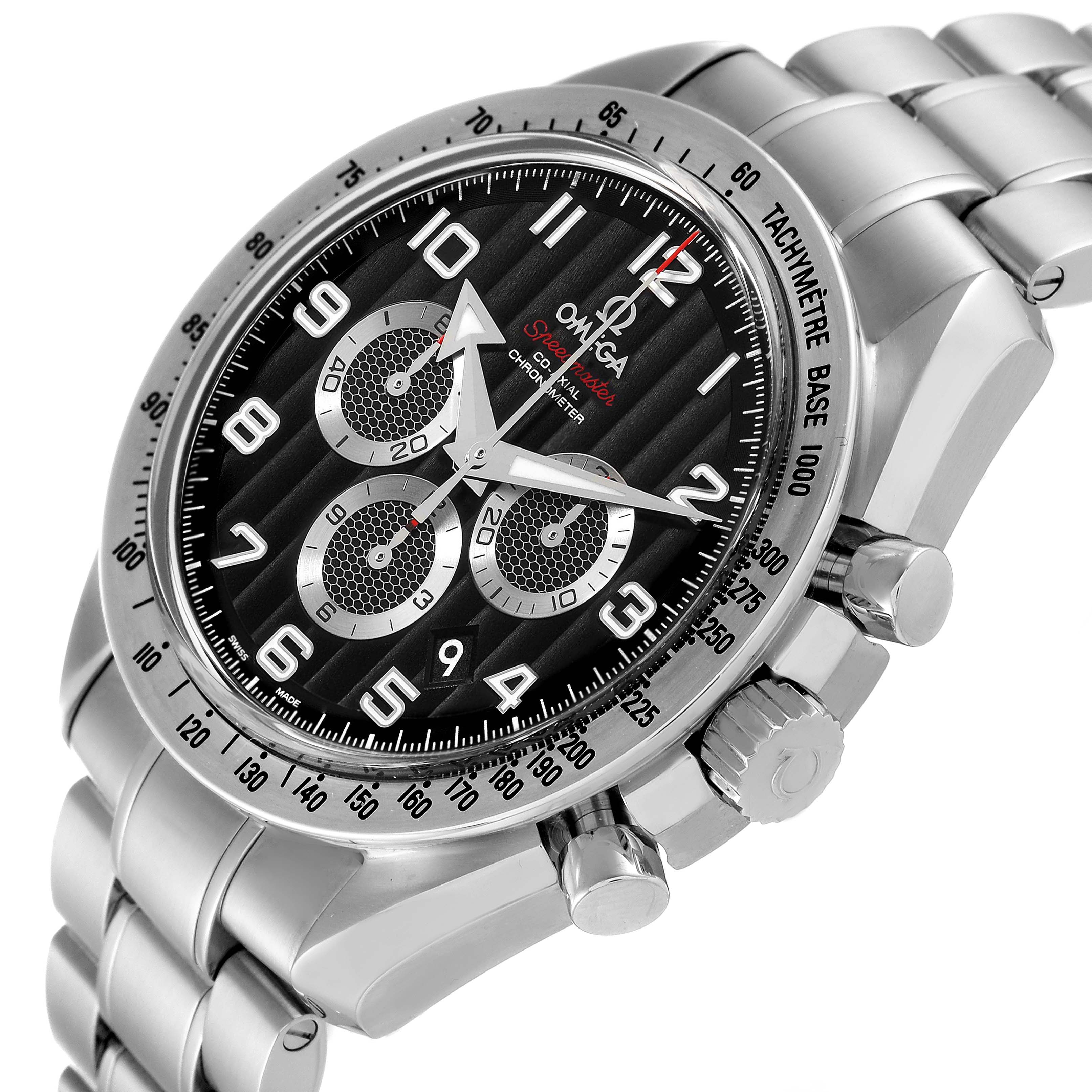 This Omega Speedmaster 321.10.44.50.01.001 Men's Stainless Steel Black Dial 321.10.44.50.01.001 Men's Stainless Steel Black Dial watch is shown at an angle emphasizing the face, bezel, pushers, and stainless steel bracelet.