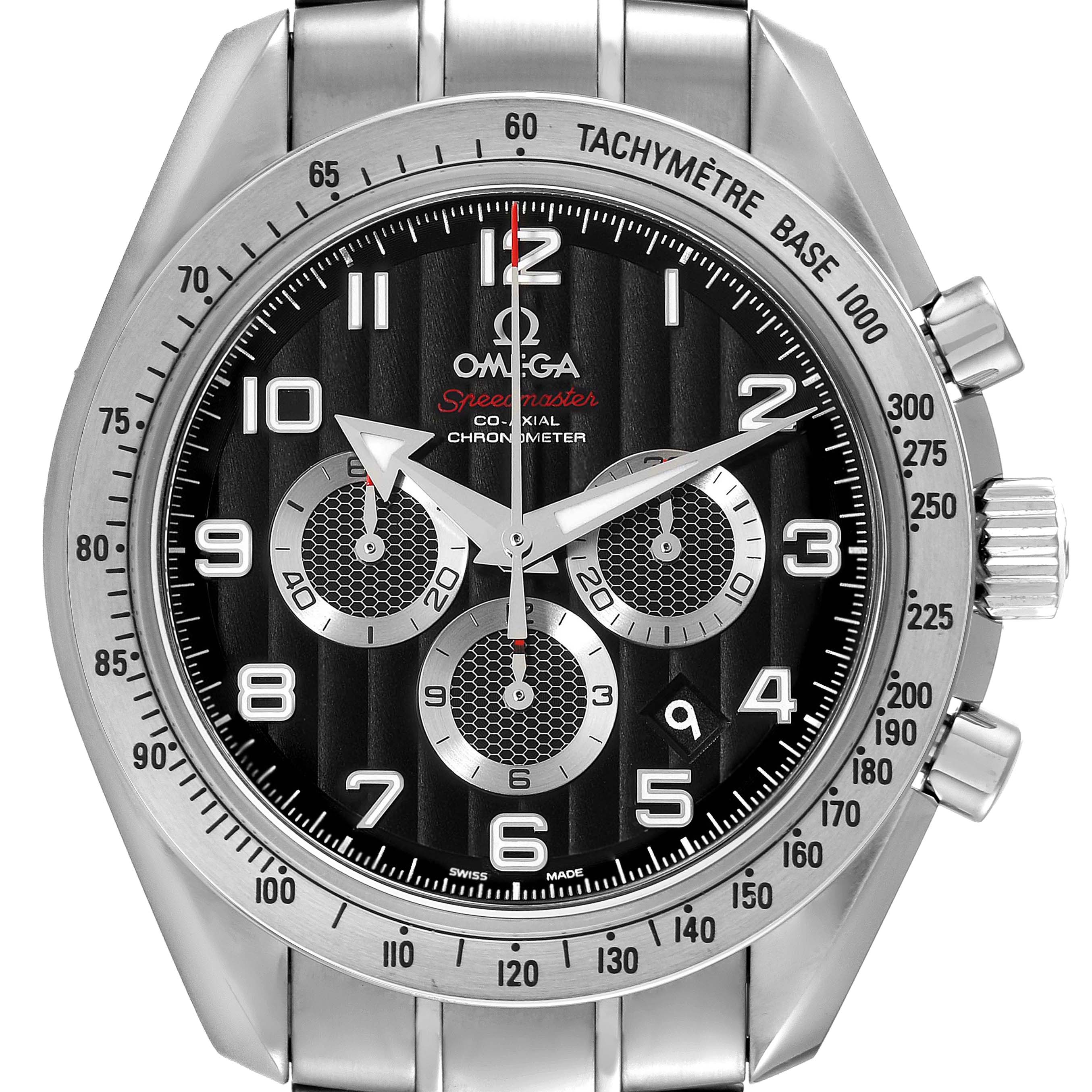 The image shows the dial, bezel, and crown of the Omega Speedmaster 321.10.44.50.01.001 Men's Stainless Steel Black Dial 321.10.44.50.01.001 Men's Stainless Steel Black Dial watch with a metal bracelet.