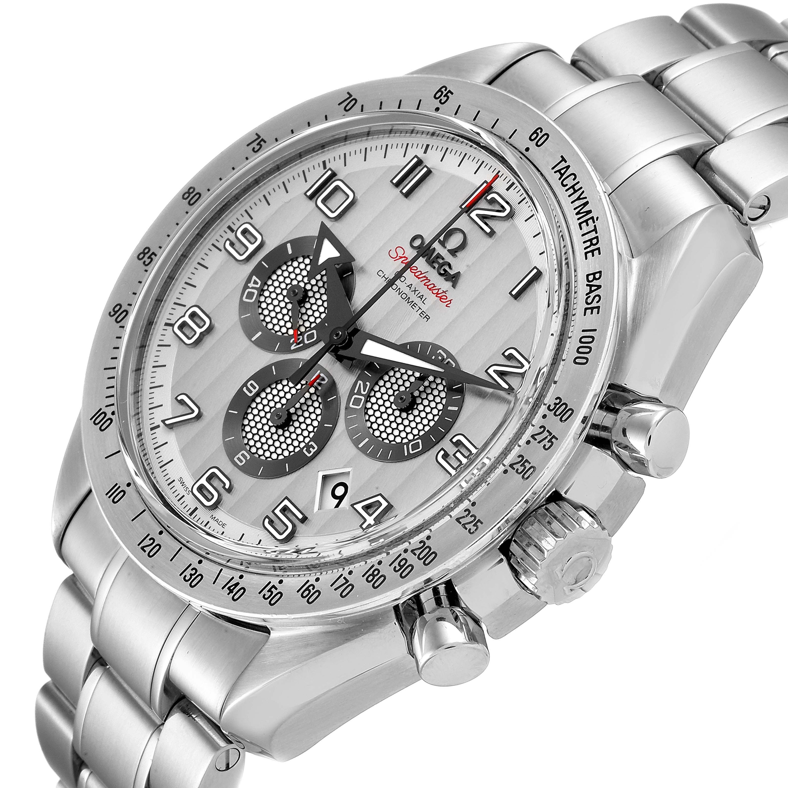 The image shows an angled view of the Omega Speedmaster 321.10.44.50.02.001 Men
s Stainless Steel Silver Dial 321.10.44.50.02.001 Men
s Stainless Steel Silver Dial, displaying the watch face, tachymeter bezel, crown, and pushers.
