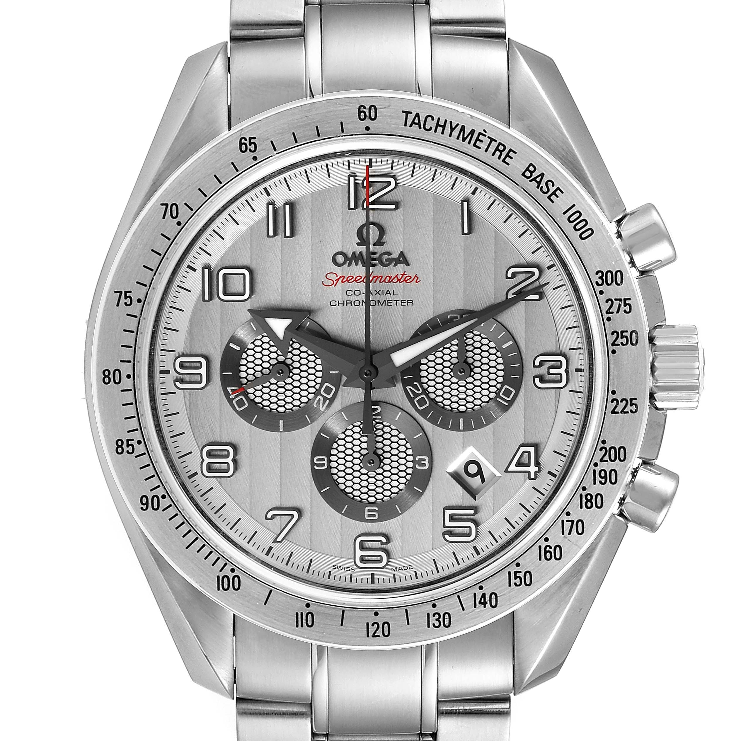 The image shows a front view of the Omega Speedmaster 321.10.44.50.02.001 Men
s Stainless Steel Silver Dial 321.10.44.50.02.001 Men
s Stainless Steel Silver Dial watch, highlighting the dial, subdials, bezel, and chronograph pushers.