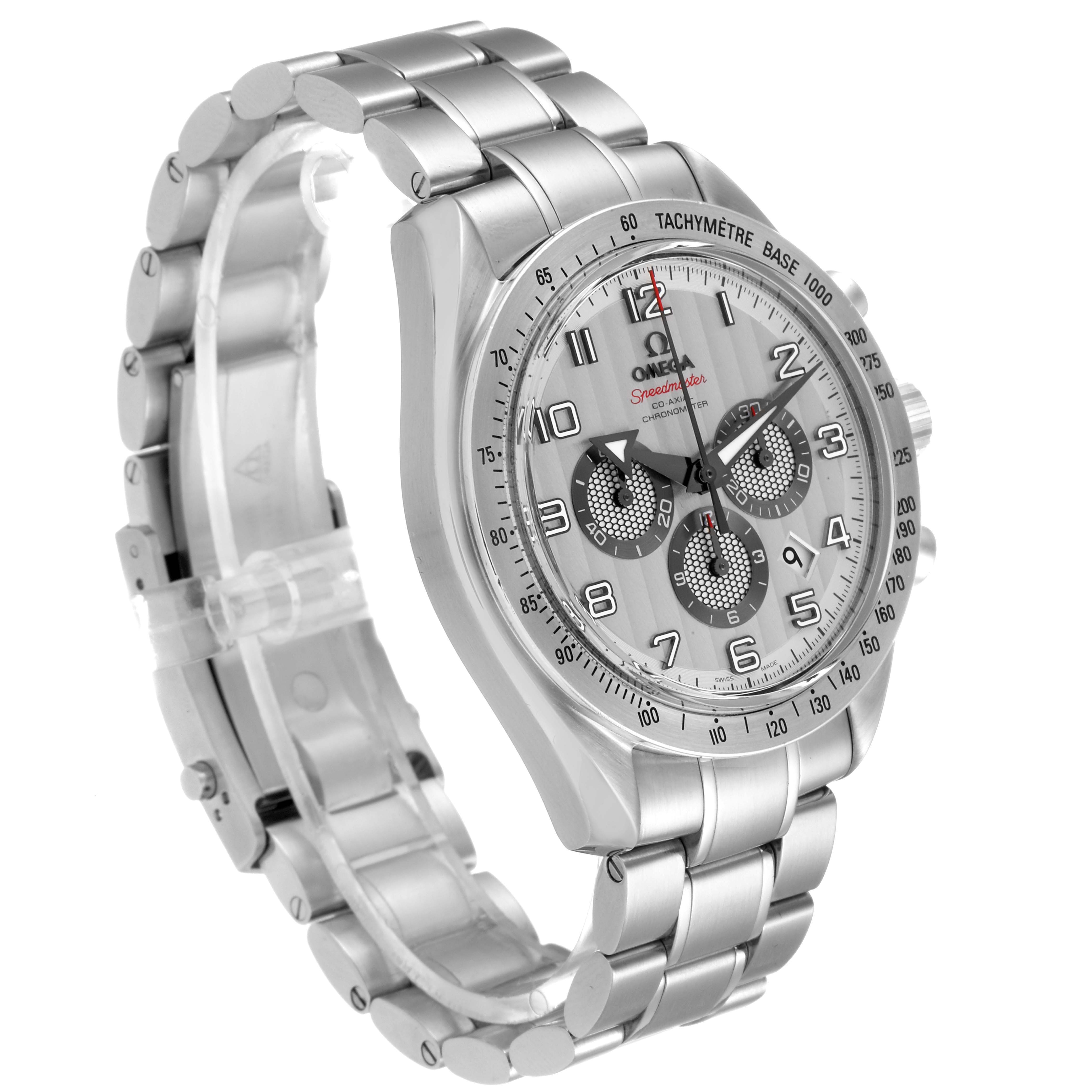 The Omega Speedmaster 321.10.44.50.02.001 Men
s Stainless Steel Silver Dial 321.10.44.50.02.001 Men
s Stainless Steel Silver Dial watch is shown from a three-quarter angle, displaying the face, bezel, and stainless steel bracelet.