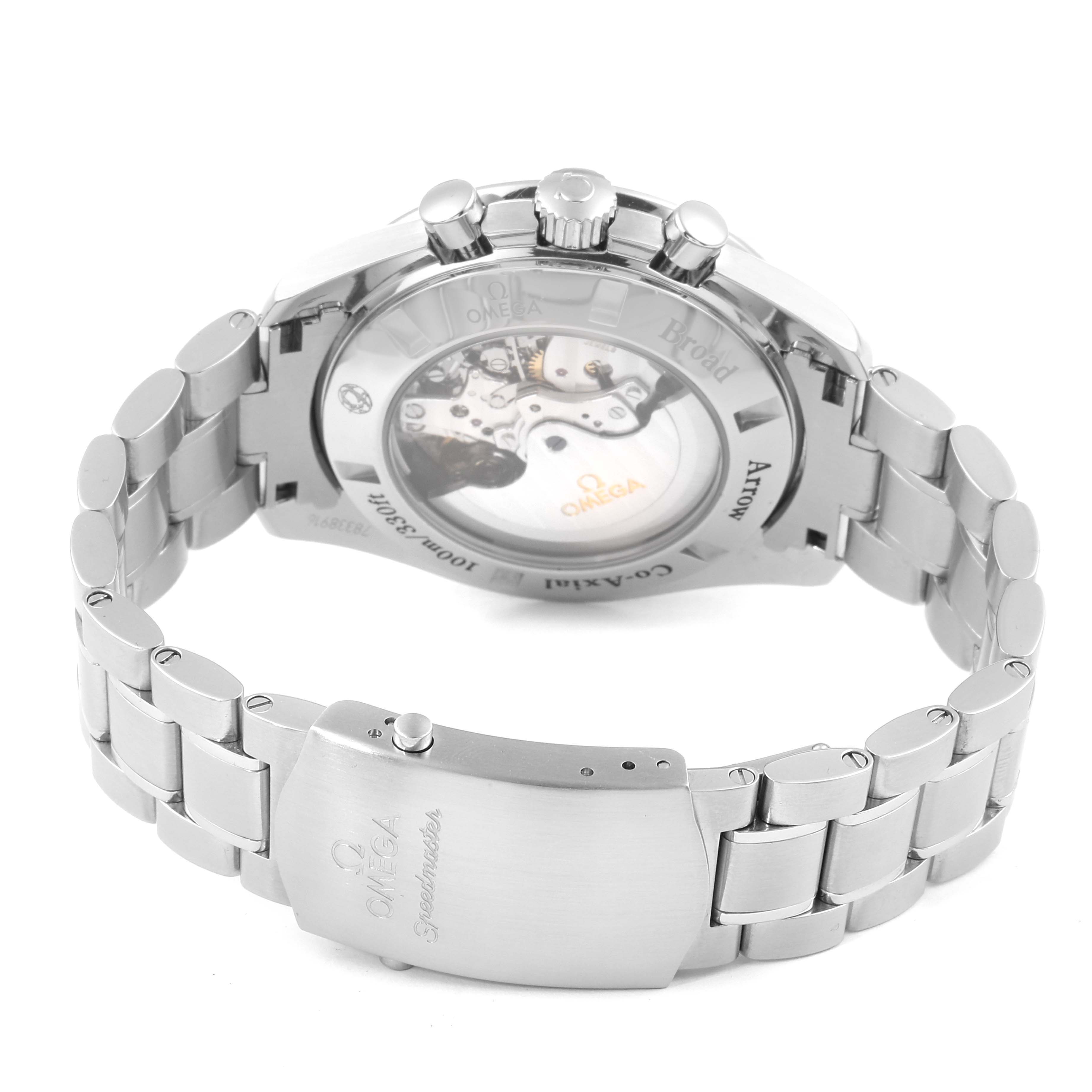 This image shows the back view of the Omega Speedmaster 321.10.44.50.02.001 Men
s Stainless Steel Silver Dial 321.10.44.50.02.001 Men
s Stainless Steel Silver Dial watch, highlighting the transparent case back and metal bracelet.