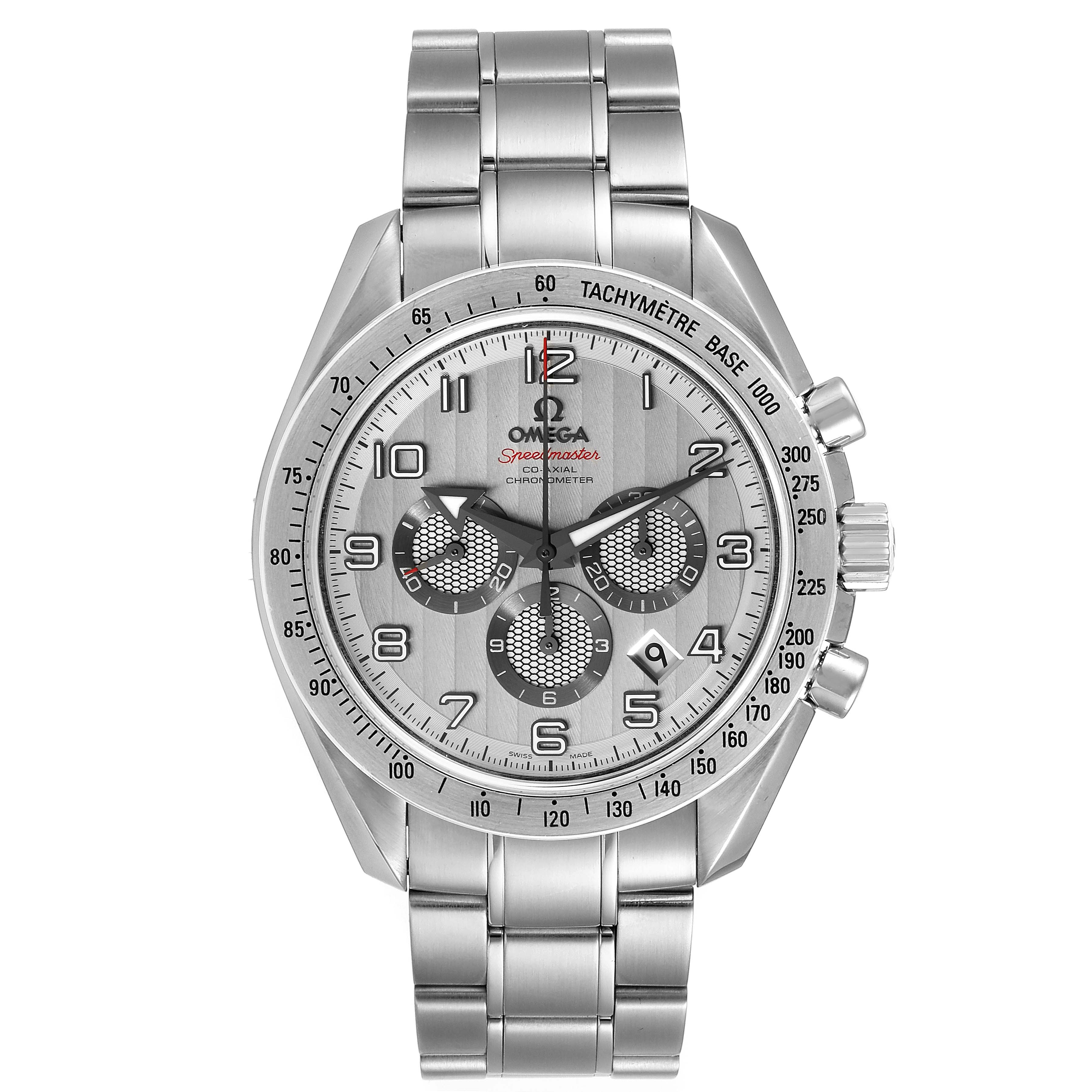The image shows a front view of an Omega Speedmaster 321.10.44.50.02.001 Men
s Stainless Steel Silver Dial 321.10.44.50.02.001 Men
s Stainless Steel Silver Dial watch, highlighting its face, bezel, and metal bracelet.