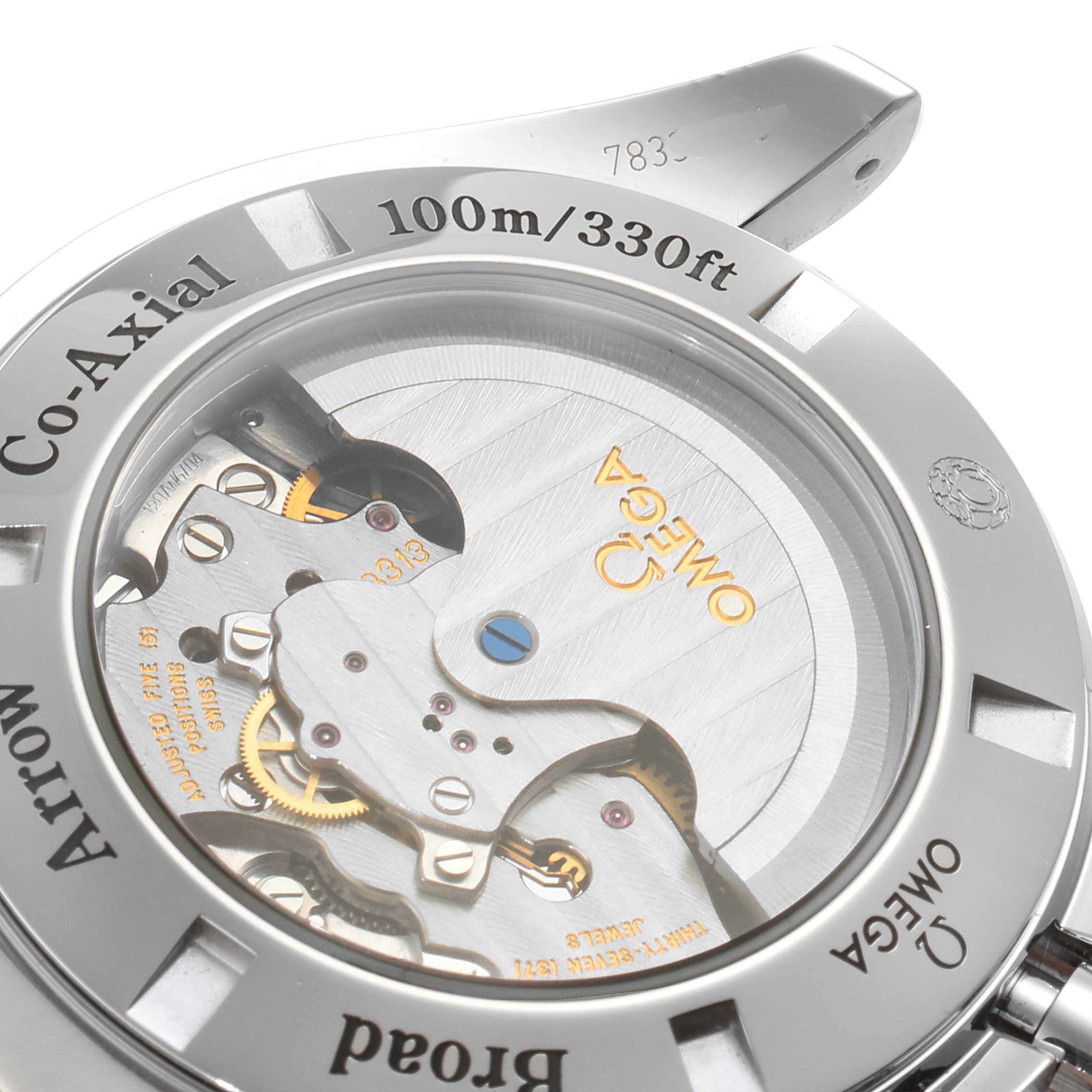 This image shows the back of the Omega Speedmaster 321.10.44.50.02.001 Men
s Stainless Steel Silver Dial 321.10.44.50.02.001 Men
s Stainless Steel Silver Dial watch, highlighting the Co-Axial movement and water resistance.