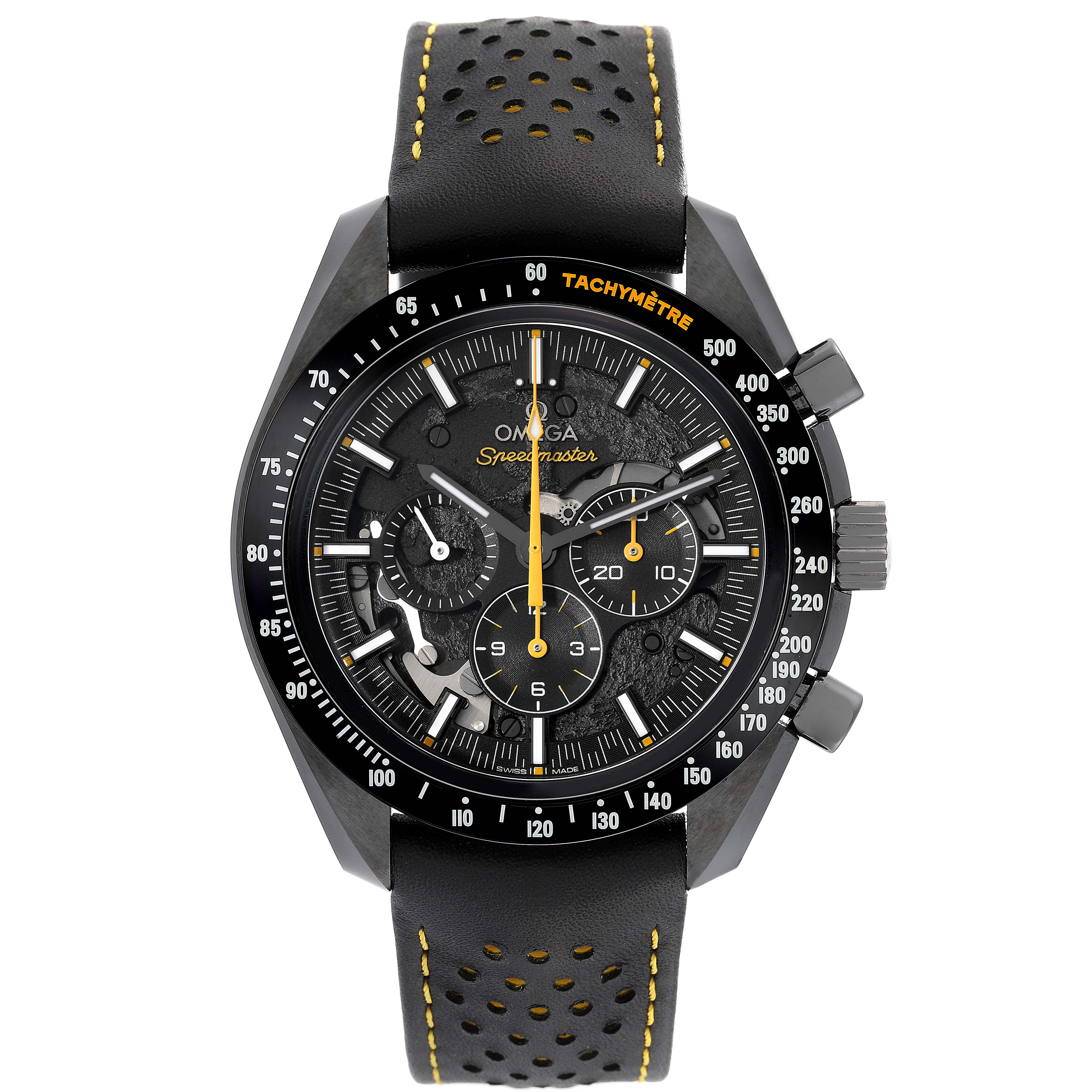 The image shows a front view of the Omega Speedmaster 311.92.44.30.01.001 Men's Ceramic Black Dial 311.92.44.30.01.001 Men's Ceramic Black Dial watch, highlighting its dial, bezel, and leather strap.