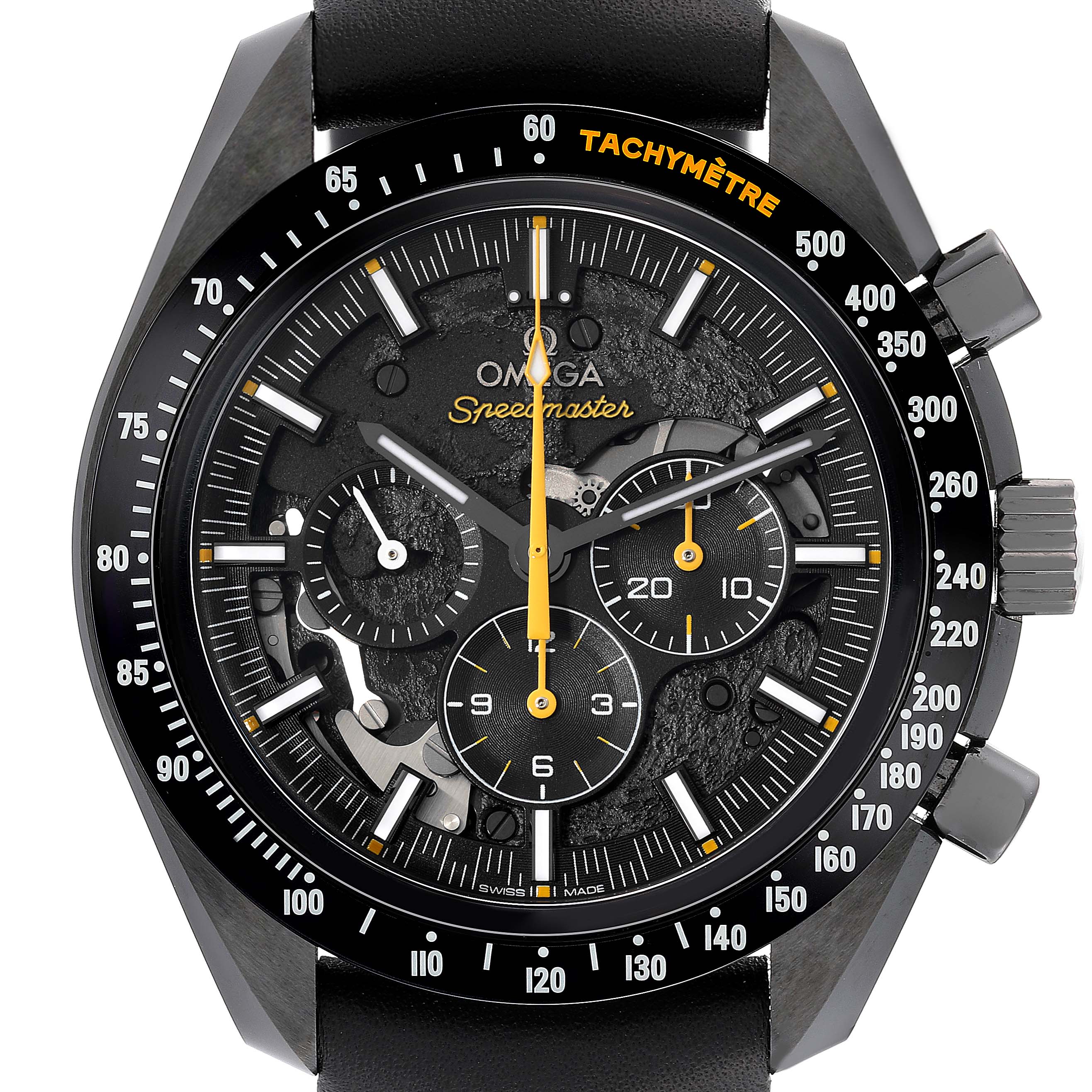 The image shows a front view of an Omega Speedmaster 311.92.44.30.01.001 Men's Ceramic Black Dial 311.92.44.30.01.001 Men's Ceramic Black Dial watch, highlighting its tachymeter, subdials, and detailed face.