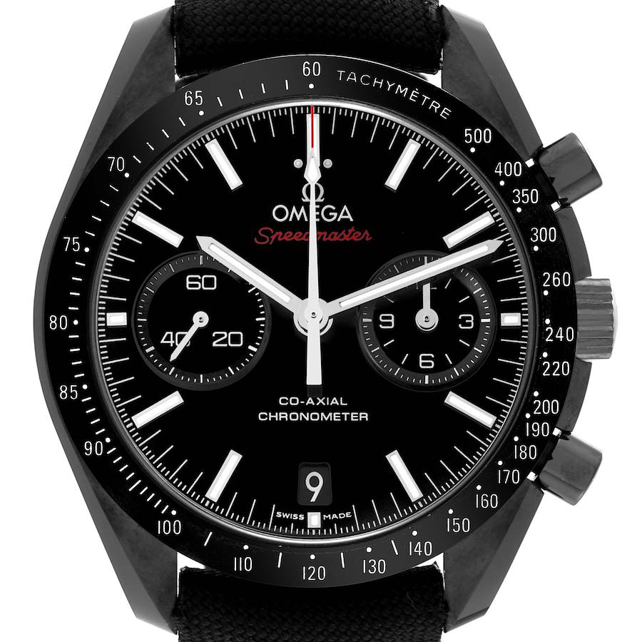 The Omega Speedmaster watch is shown from the front, displaying its dial, subdials, tachymeter bezel, and pushers.