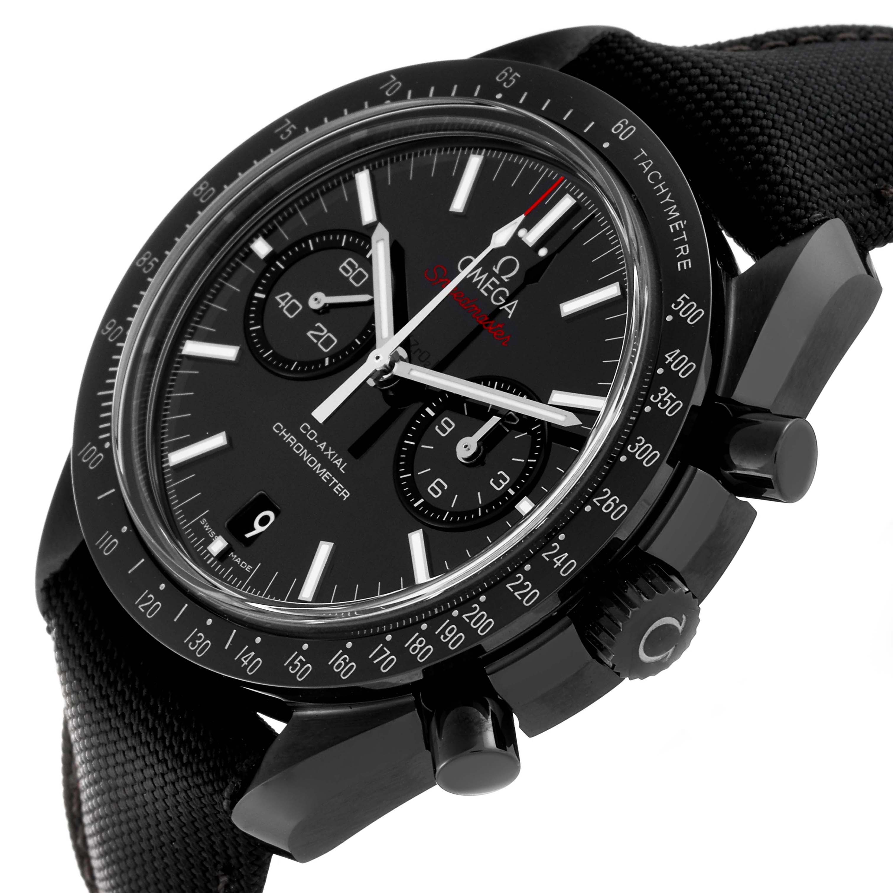 The Omega Speedmaster 311.92.44.51.01.003 Men
s Ceramic Black Dial 311.92.44.51.01.003 Men
s Ceramic Black Dial watch is shown from a side angle, highlighting the face, bezel, pushers, and crown.