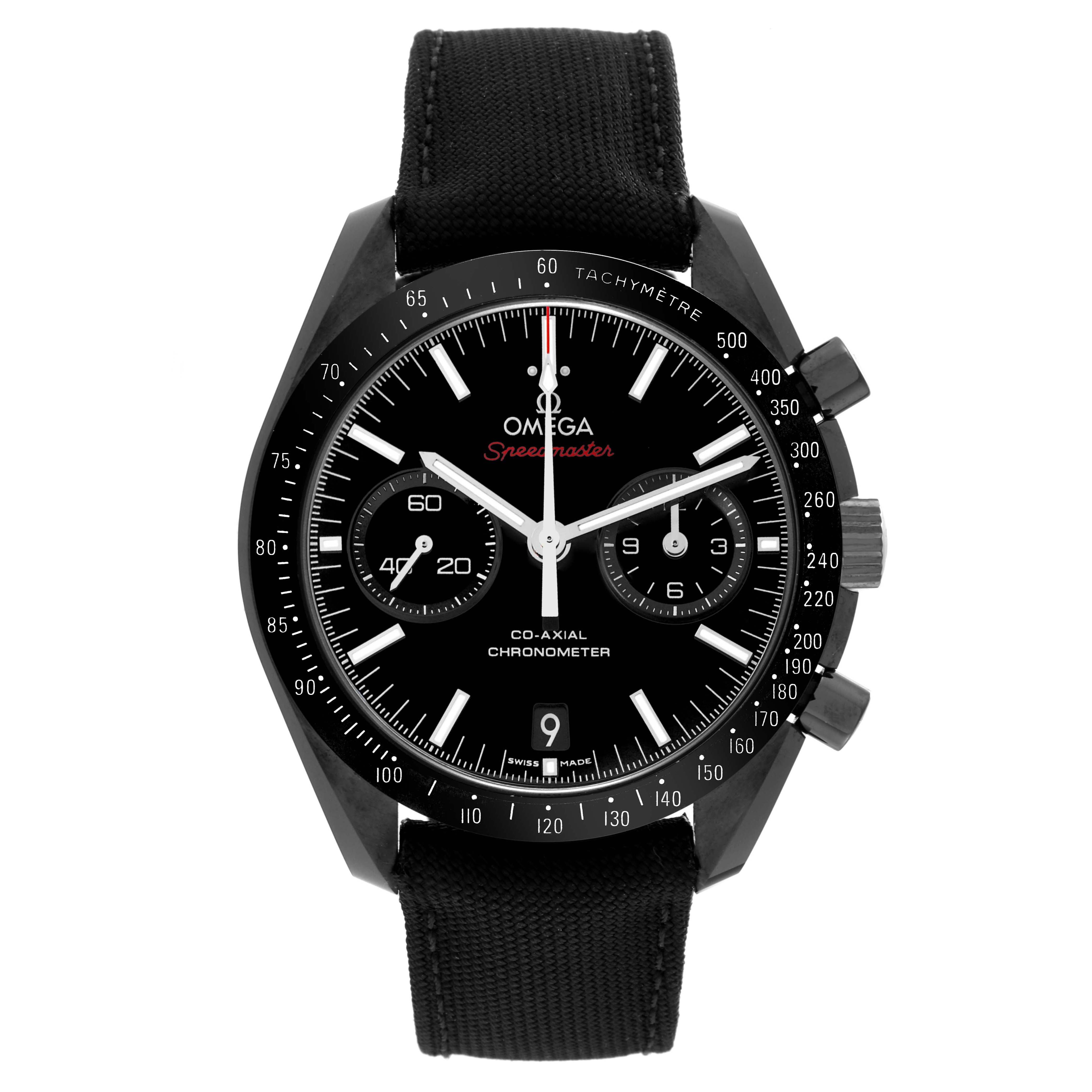 The Omega Speedmaster 311.92.44.51.01.003 Men
s Ceramic Black Dial 311.92.44.51.01.003 Men
s Ceramic Black Dial watch is shown from the front, displaying the dial, tachymeter bezel, and pushers.