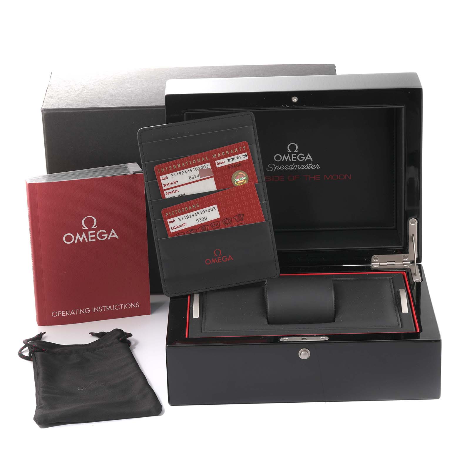 The image shows a box, manual, warranty cards, and pouch for the Omega Speedmaster 311.92.44.51.01.003 Men
s Ceramic Black Dial 311.92.44.51.01.003 Men
s Ceramic Black Dial watch model.