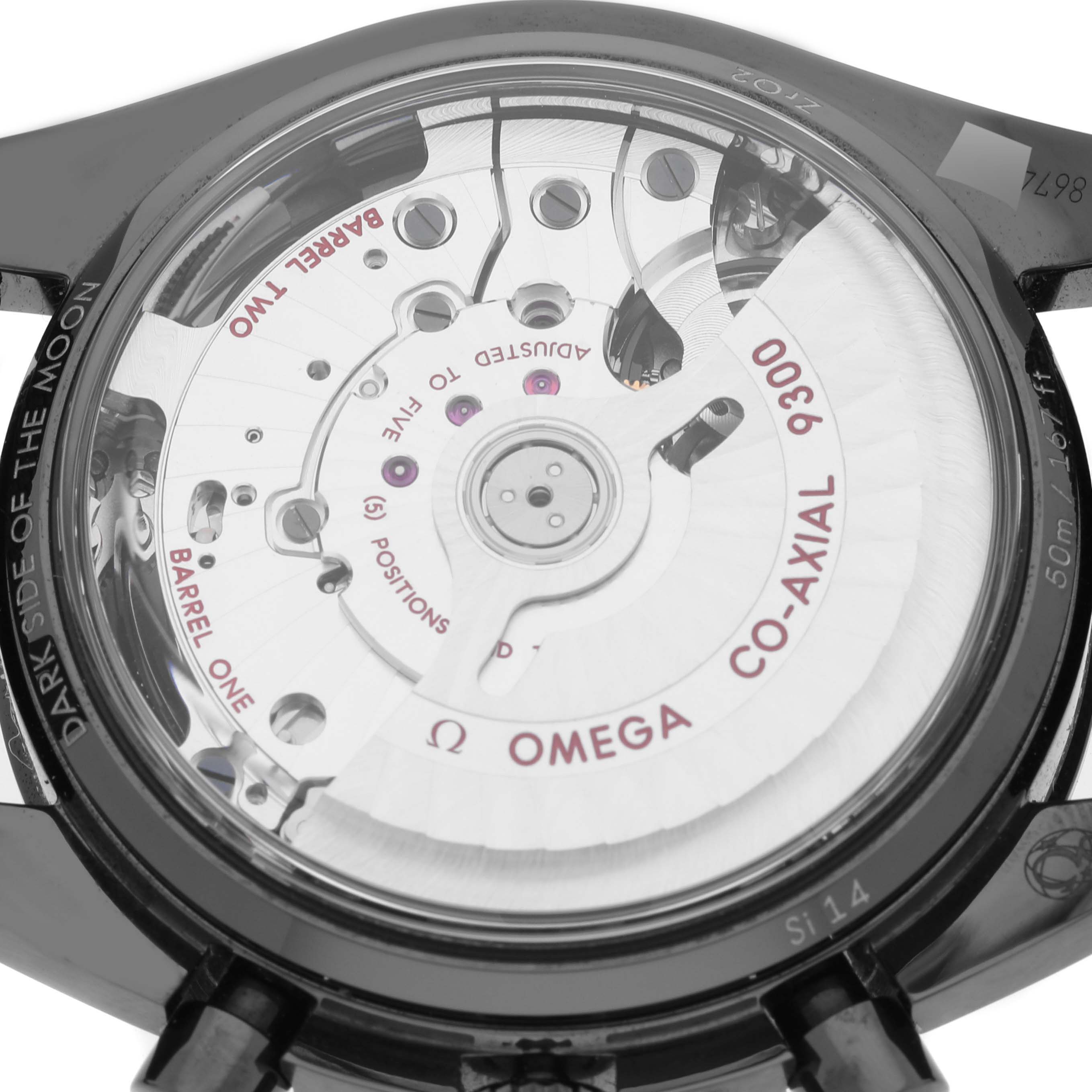 This is the back view of an Omega Speedmaster 311.92.44.51.01.003 Men
s Ceramic Black Dial 311.92.44.51.01.003 Men
s Ceramic Black Dial watch showing the internal mechanism and inscriptions.