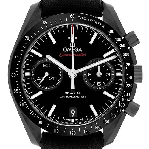 The Omega Speedmaster watch is shown from the front, highlighting the face, dials, bezel, and pushers.