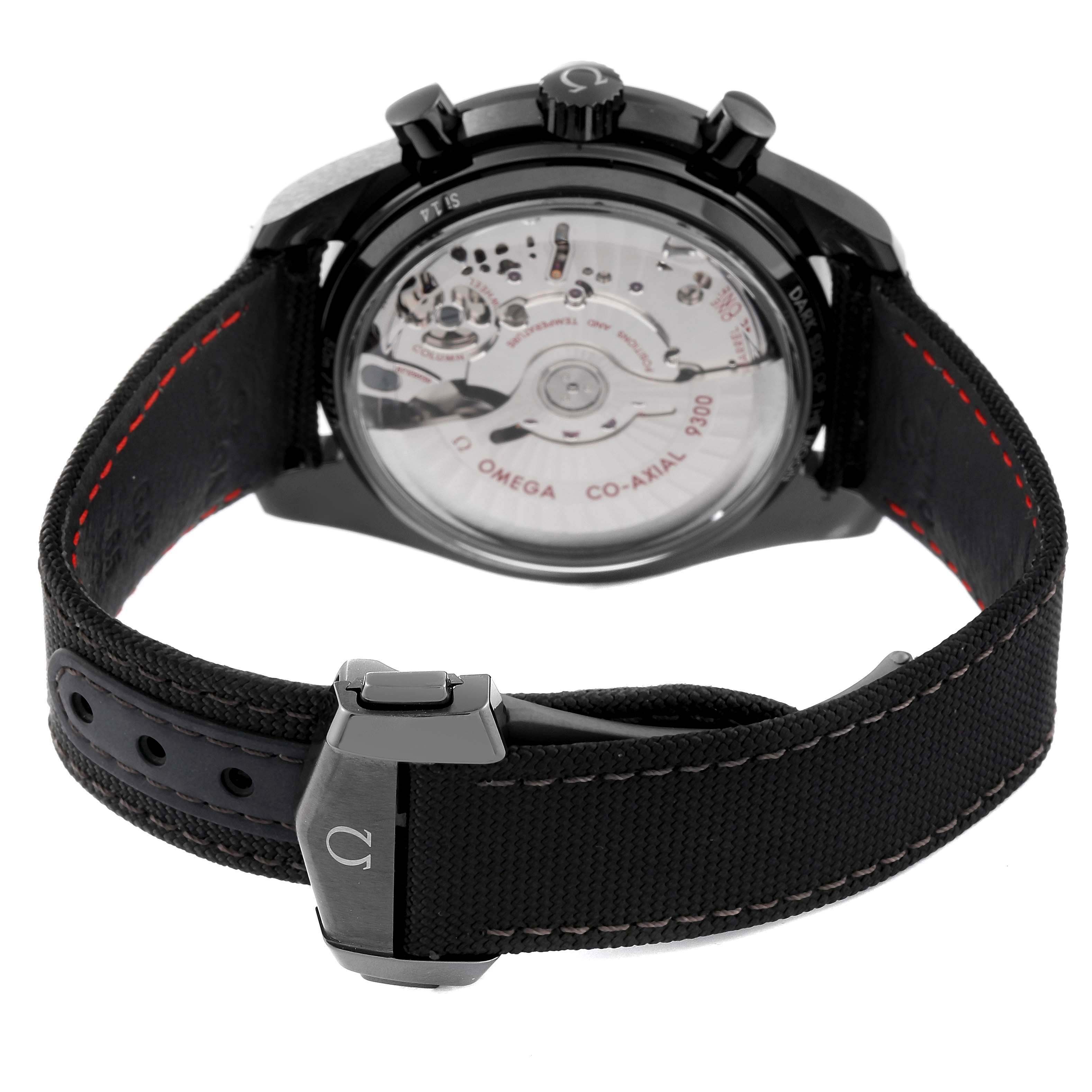 The Omega Speedmaster 311.92.44.51.01.003 Men
s Ceramic Black Dial 311.92.44.51.01.003 Men
s Ceramic Black Dial is shown from the back, highlighting the movement and showcasing the black strap and clasp.