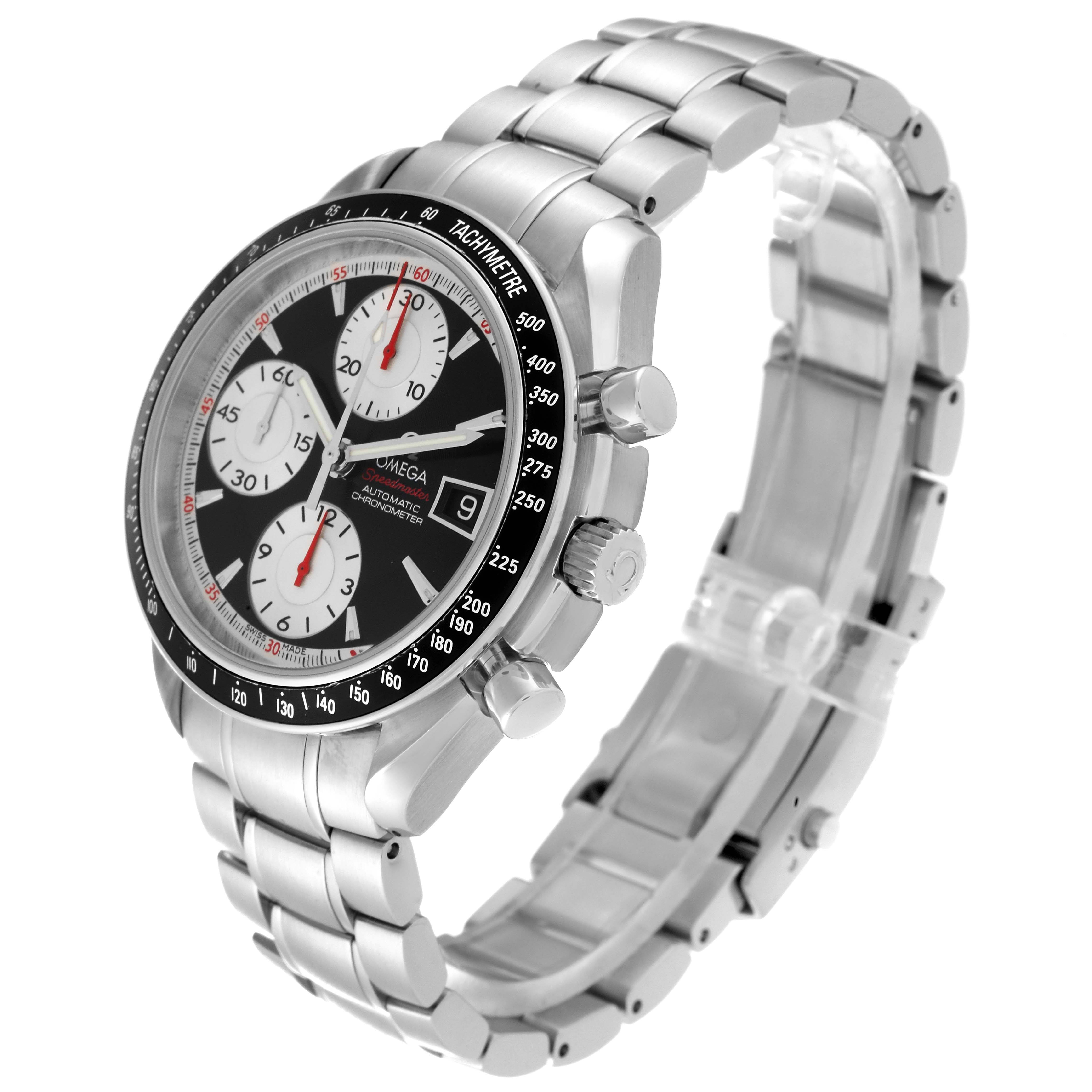 The image shows an Omega Speedmaster 3210.51.00 Men
s Stainless Steel Black Dial 3210.51.00 Men
s Stainless Steel Black Dial watch angled to highlight its face, side buttons, and stainless steel band.