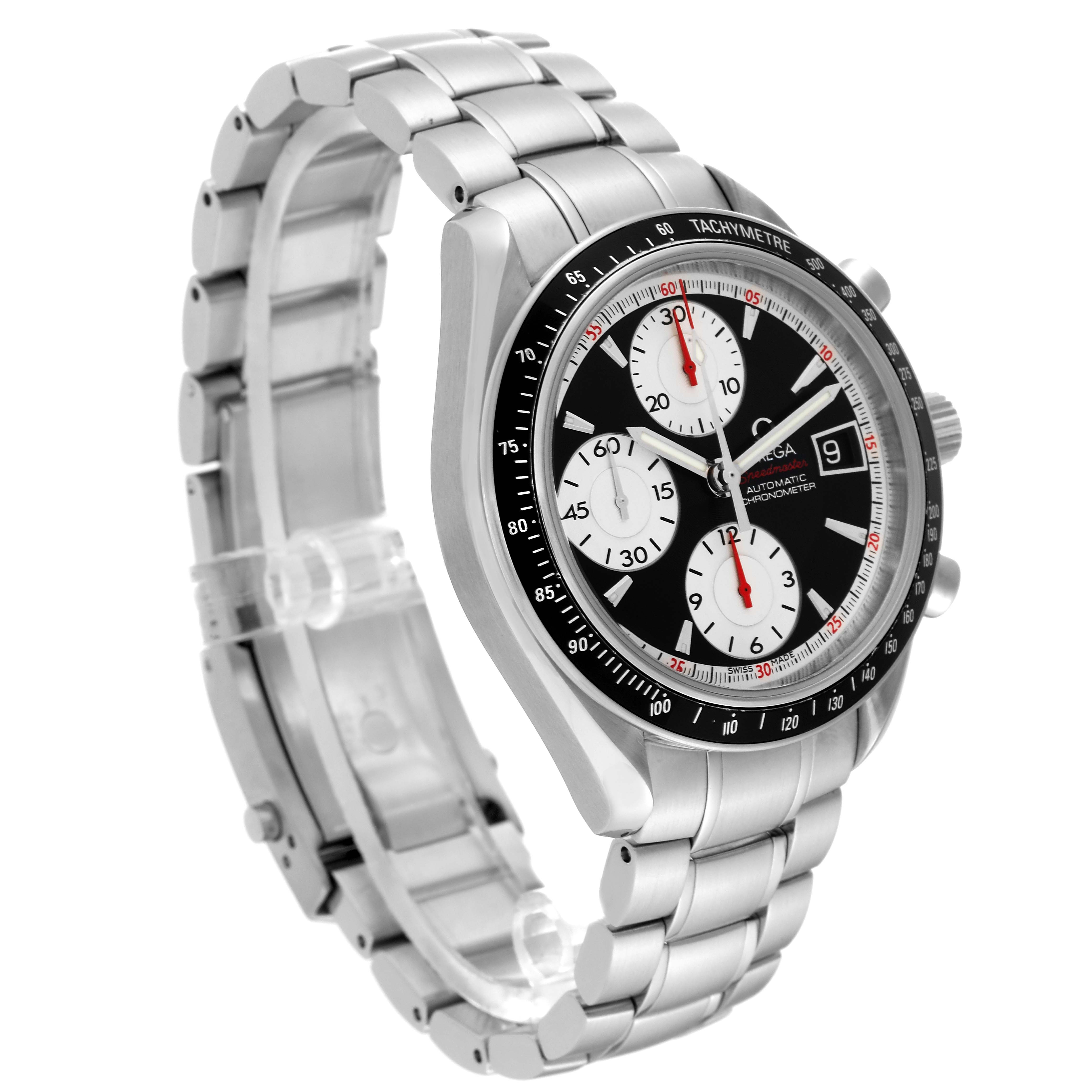 The image shows a side angle of an Omega Speedmaster 3210.51.00 Men
s Stainless Steel Black Dial 3210.51.00 Men
s Stainless Steel Black Dial watch, highlighting the face, tachymeter bezel, and metal bracelet.