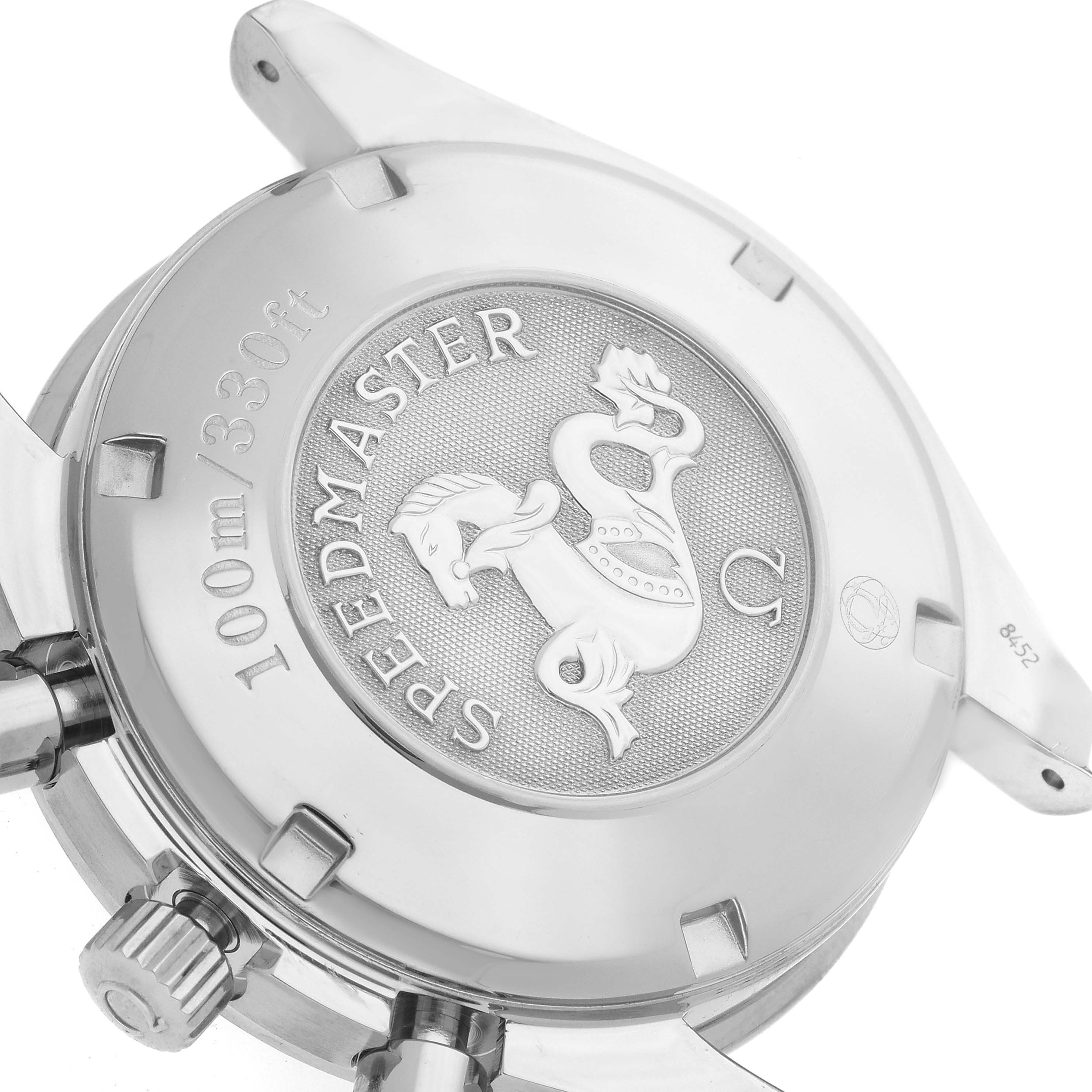 The image shows the case back of the Omega Speedmaster 3210.51.00 Men
s Stainless Steel Black Dial 3210.51.00 Men
s Stainless Steel Black Dial watch, highlighting its engraved logo and water resistance markings.