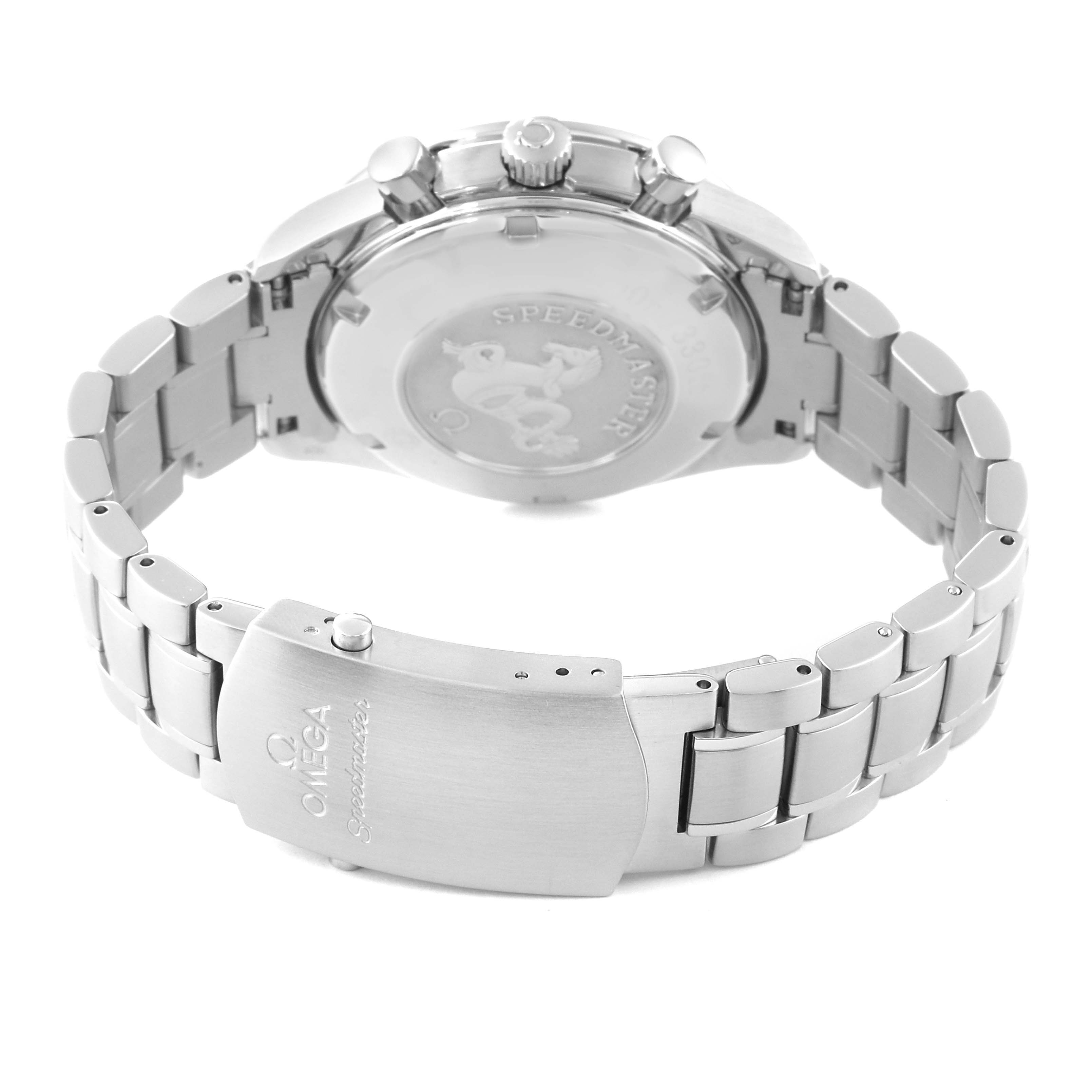 The image shows the back and bracelet of an Omega Speedmaster 3210.51.00 Men
s Stainless Steel Black Dial 3210.51.00 Men
s Stainless Steel Black Dial watch, highlighting the clasp and caseback.