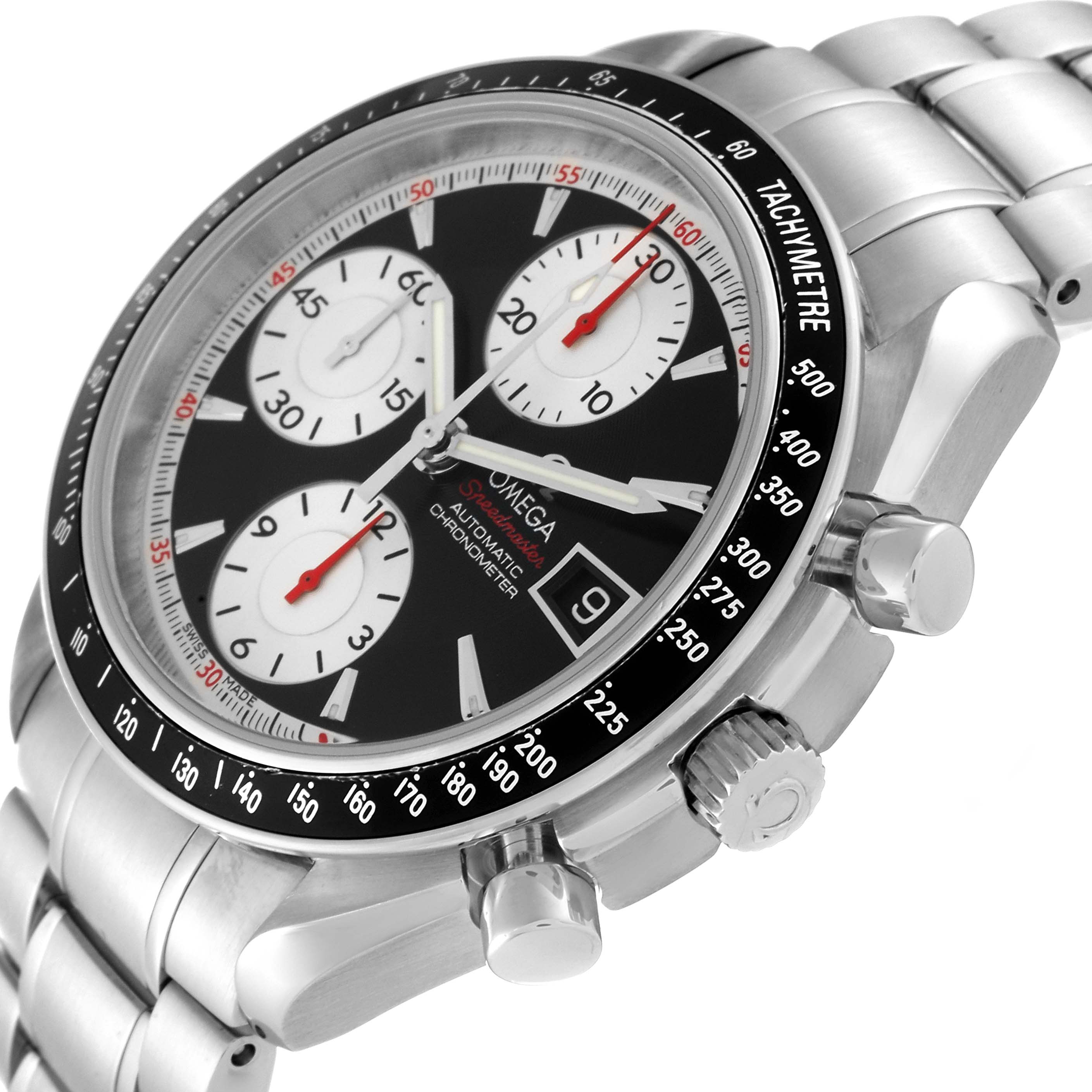 The image shows the Omega Speedmaster 3210.51.00 Men
s Stainless Steel Black Dial 3210.51.00 Men
s Stainless Steel Black Dial watch from a three-quarter angle, highlighting the face, bezel, crown, and chronograph pushers.