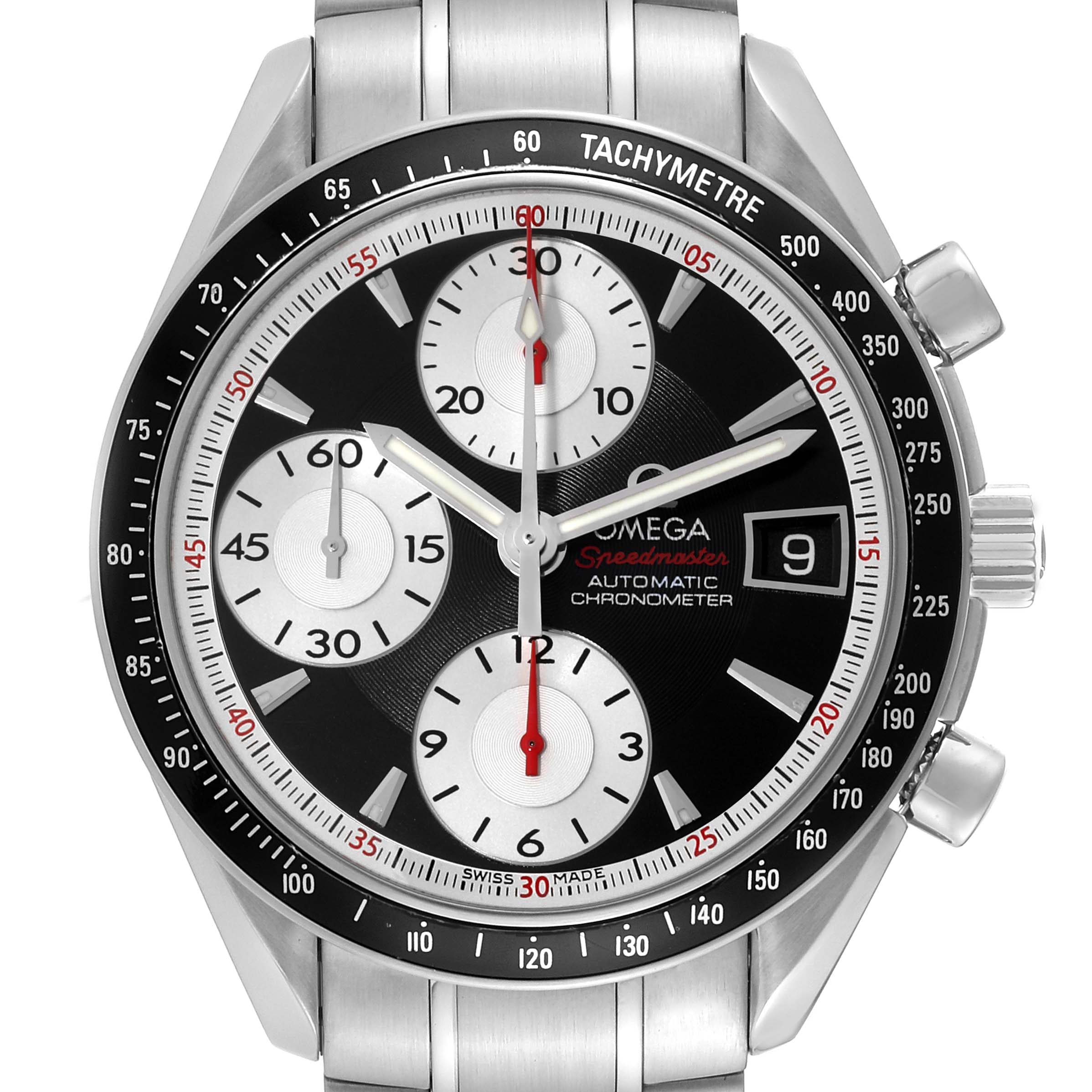The image shows the face of an Omega Speedmaster 3210.51.00 Men
s Stainless Steel Black Dial 3210.51.00 Men
s Stainless Steel Black Dial watch at a front angle, displaying its dials, hands, tachymeter, and date window.