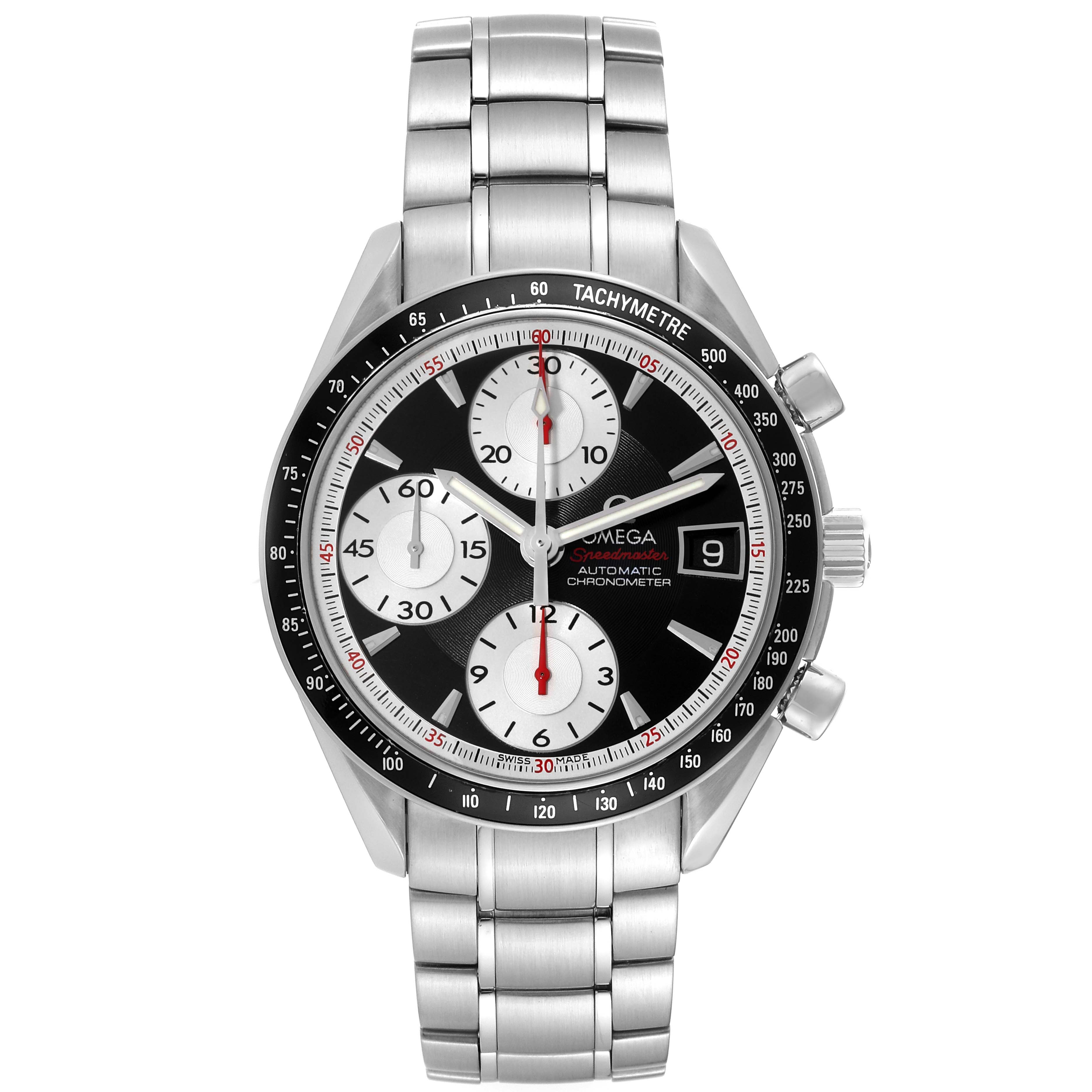 The Omega Speedmaster 3210.51.00 Men
s Stainless Steel Black Dial 3210.51.00 Men
s Stainless Steel Black Dial watch is shown from a top-down angle, displaying its face, bezel, crown, pushers, and metal bracelet.