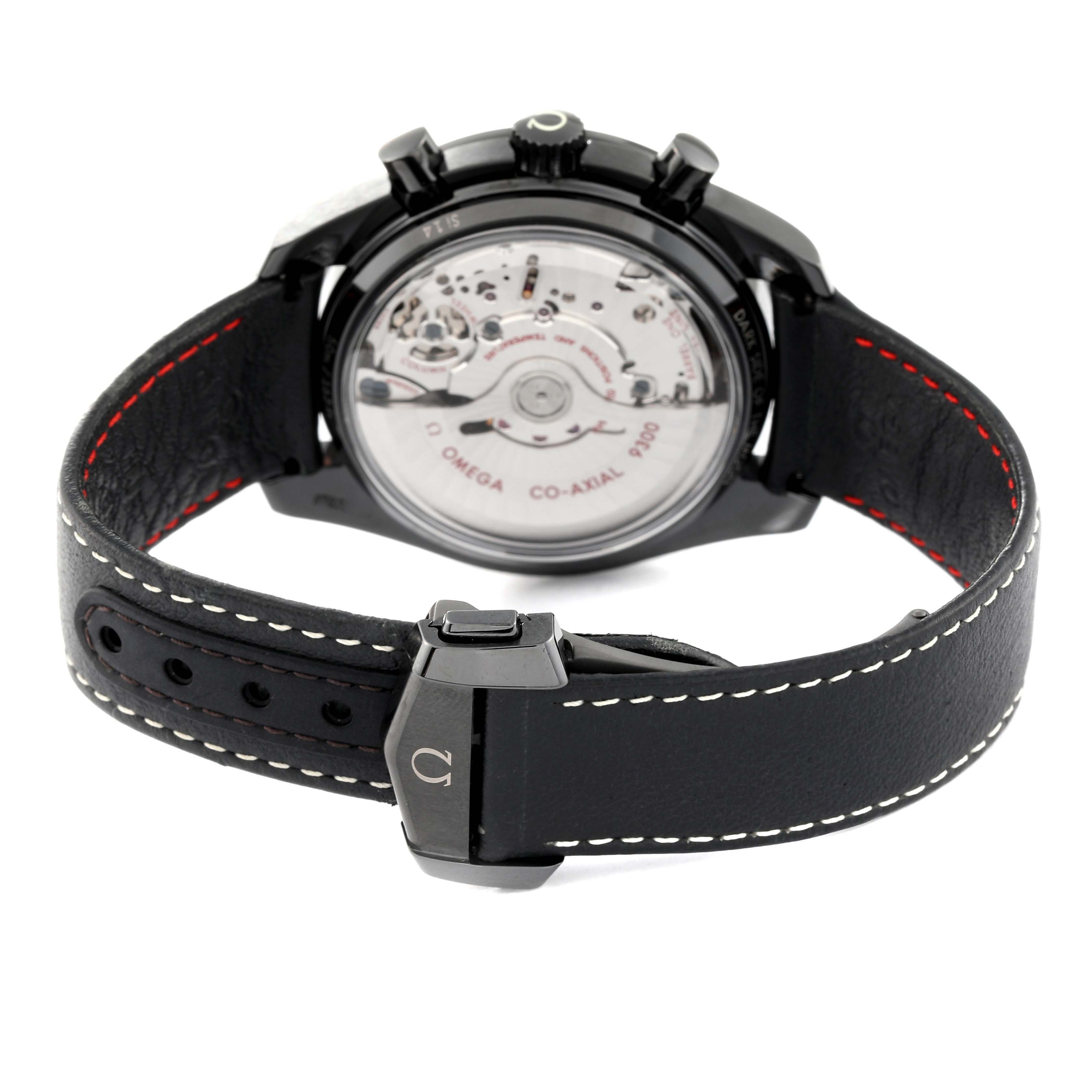 The image shows the back view of the Omega Speedmaster 311.92.44.51.01.004 Men's Ceramic Black Dial 311.92.44.51.01.004 Men's Ceramic Black Dial watch, highlighting the movement and leather strap.