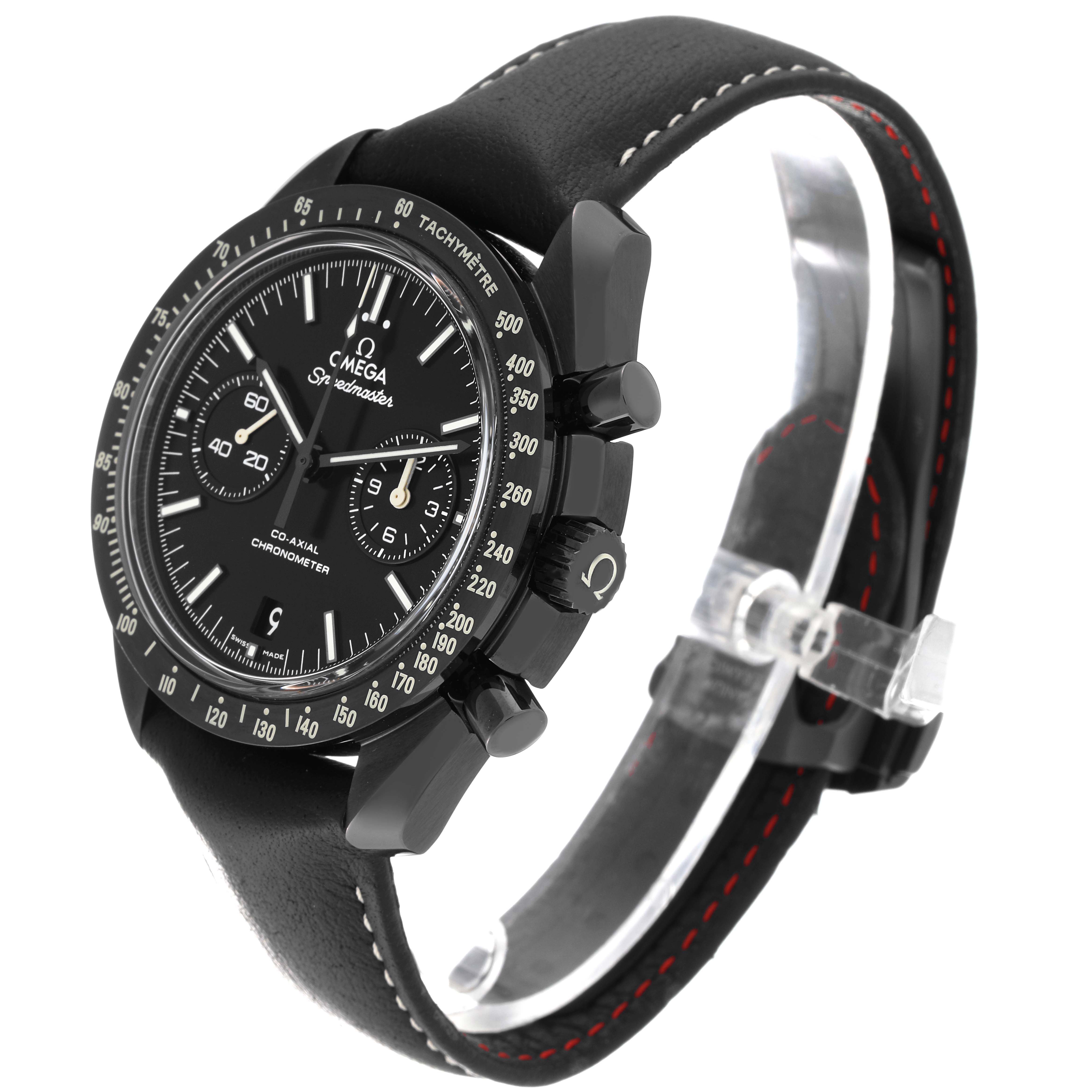 The image shows an angled view of the Omega Speedmaster 311.92.44.51.01.004 Men's Ceramic Black Dial 311.92.44.51.01.004 Men's Ceramic Black Dial watch, highlighting its dial, bezel, and black leather strap.