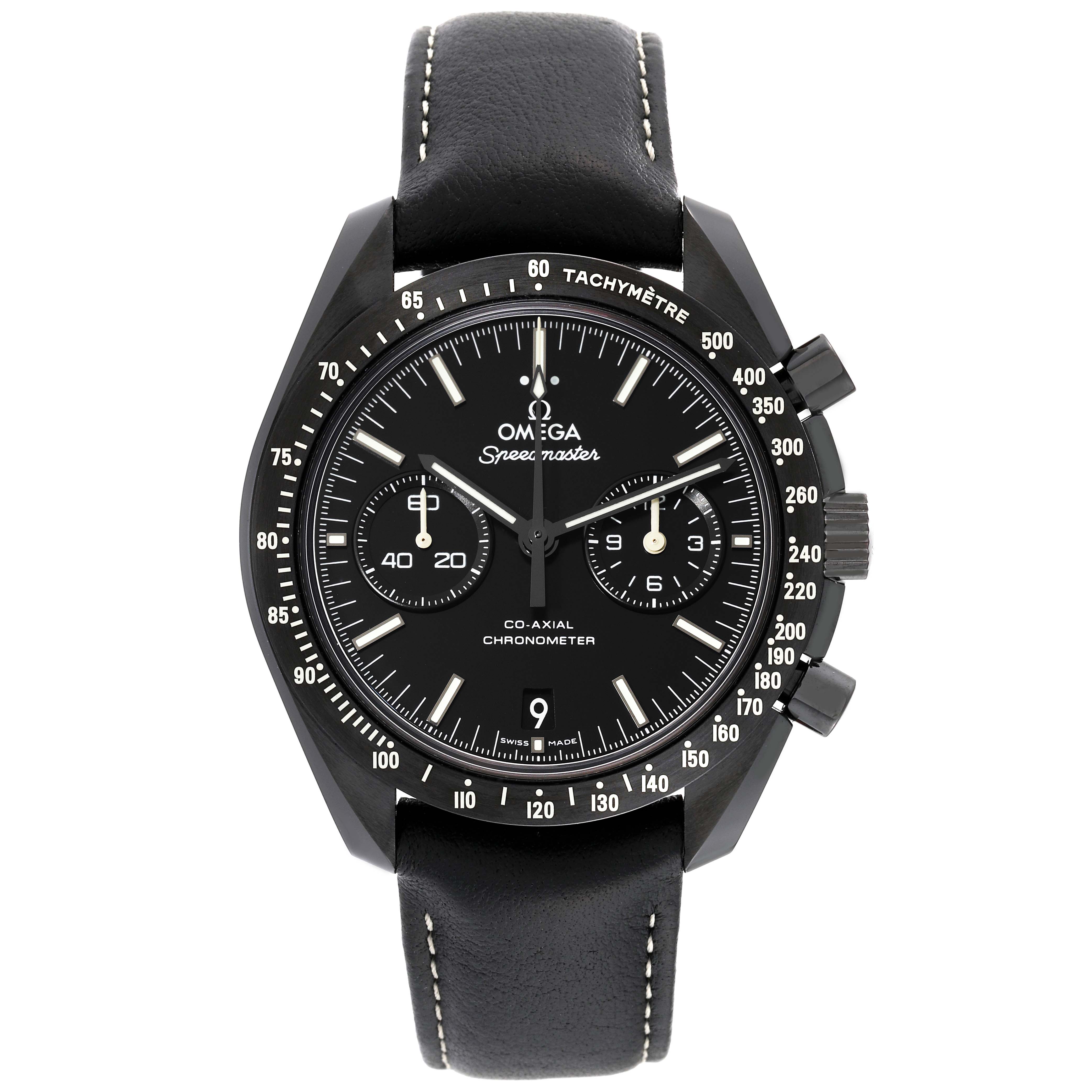 The image shows a frontal view of an Omega Speedmaster 311.92.44.51.01.004 Men's Ceramic Black Dial 311.92.44.51.01.004 Men's Ceramic Black Dial watch with a black dial and leather strap.
