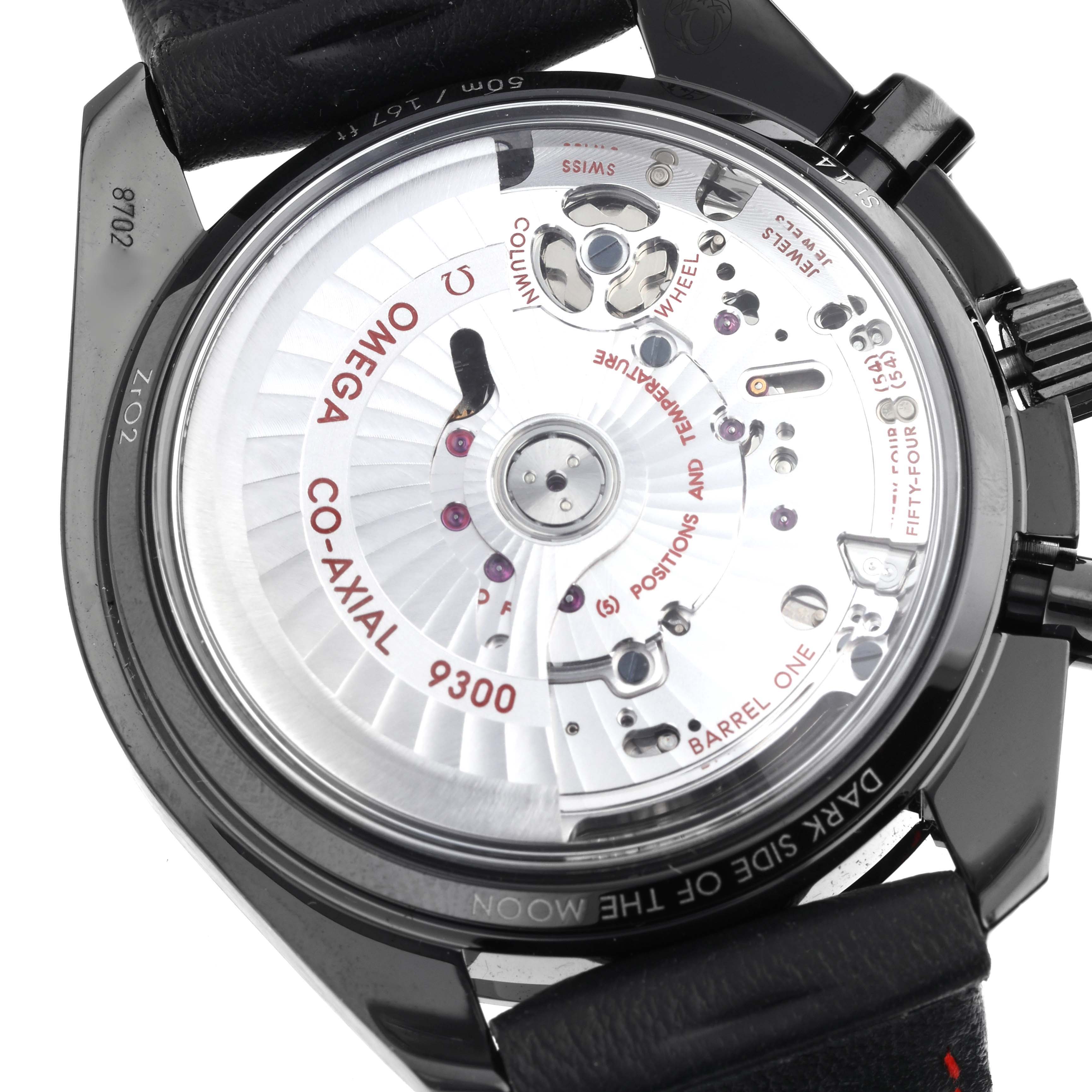 The image shows the back view of an Omega Speedmaster 311.92.44.51.01.004 Men's Ceramic Black Dial 311.92.44.51.01.004 Men's Ceramic Black Dial, featuring its Co-Axial 9300 movement.