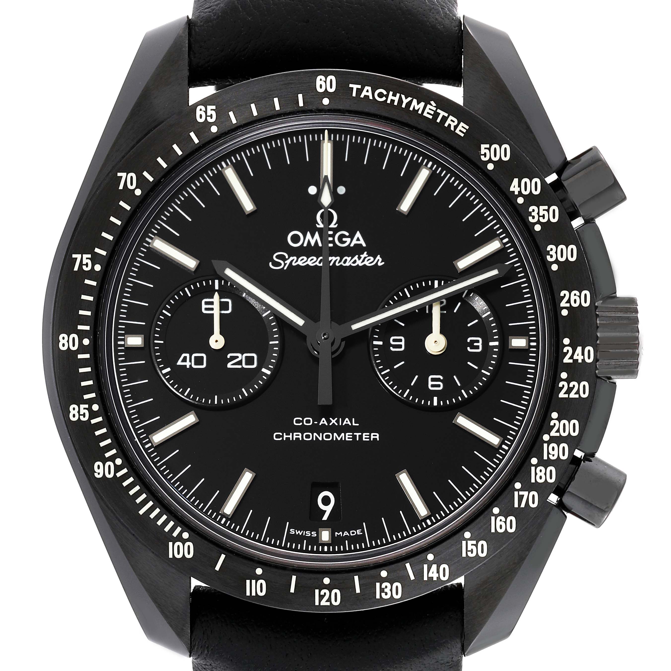 The image shows a frontal view of an Omega Speedmaster 311.92.44.51.01.004 Men's Ceramic Black Dial 311.92.44.51.01.004 Men's Ceramic Black Dial watch, highlighting its black dial, chronograph subdials, and tachymeter bezel.