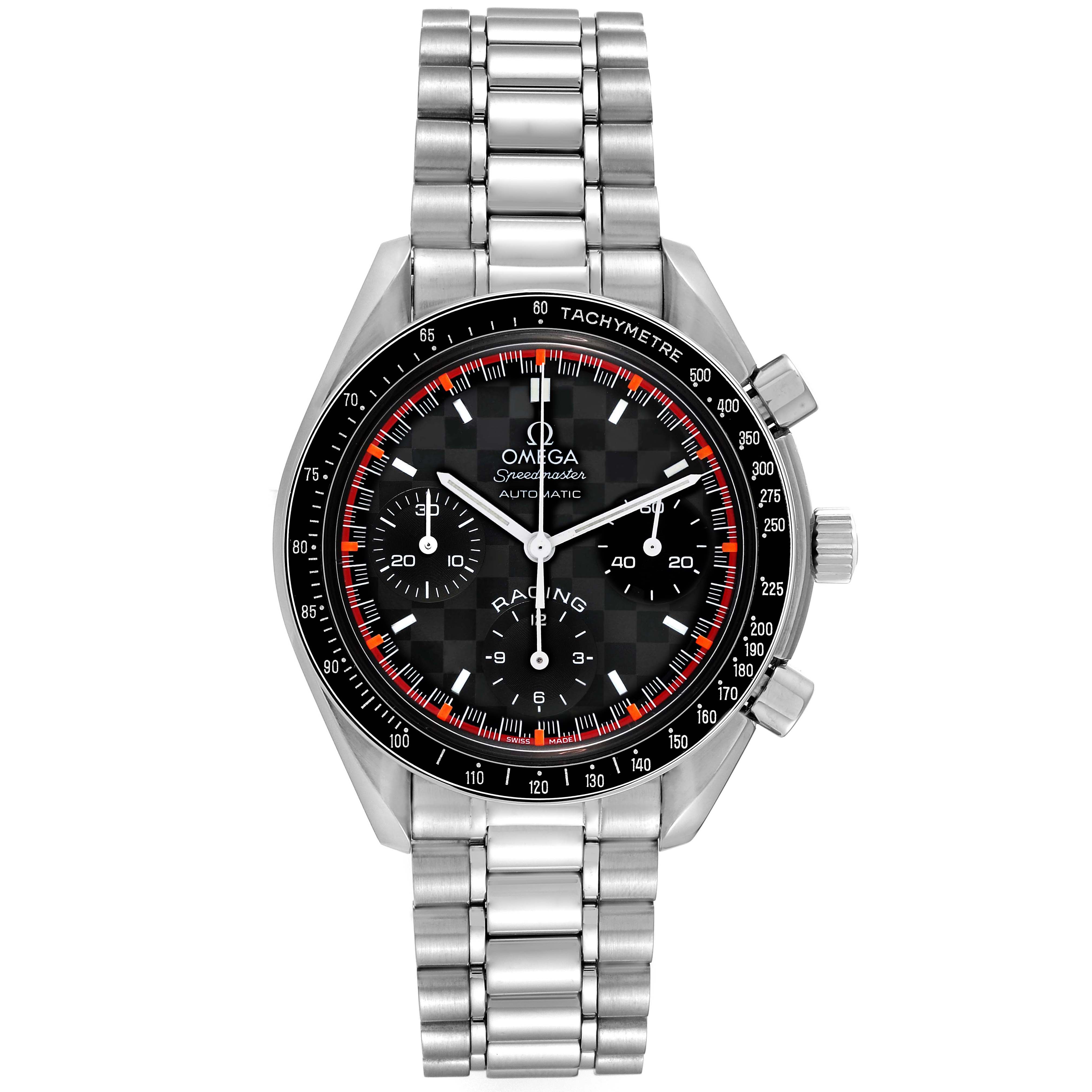 The image shows the front view of an Omega Speedmaster 3518.50.00 Men's Stainless Steel Black Dial 3518.50.00 Men's Stainless Steel Black Dial Racing watch, featuring its dial, bezel, and stainless steel bracelet.