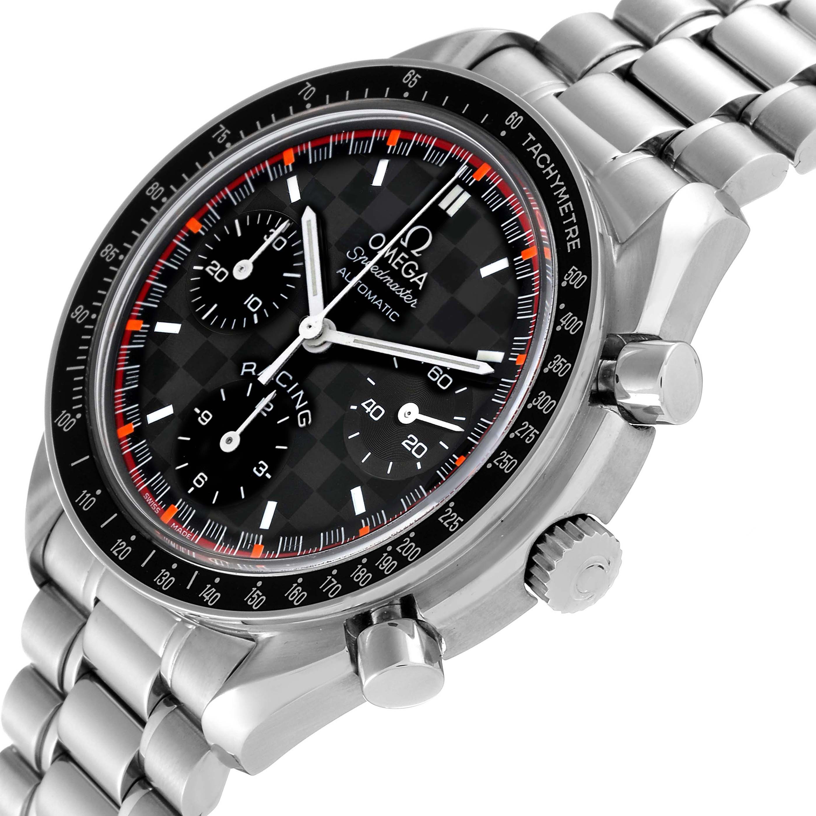 The image shows an angled view of the Omega Speedmaster 3518.50.00 Men's Stainless Steel Black Dial 3518.50.00 Men's Stainless Steel Black Dial watch, highlighting its dial, bezel, subdials, and bracelet.