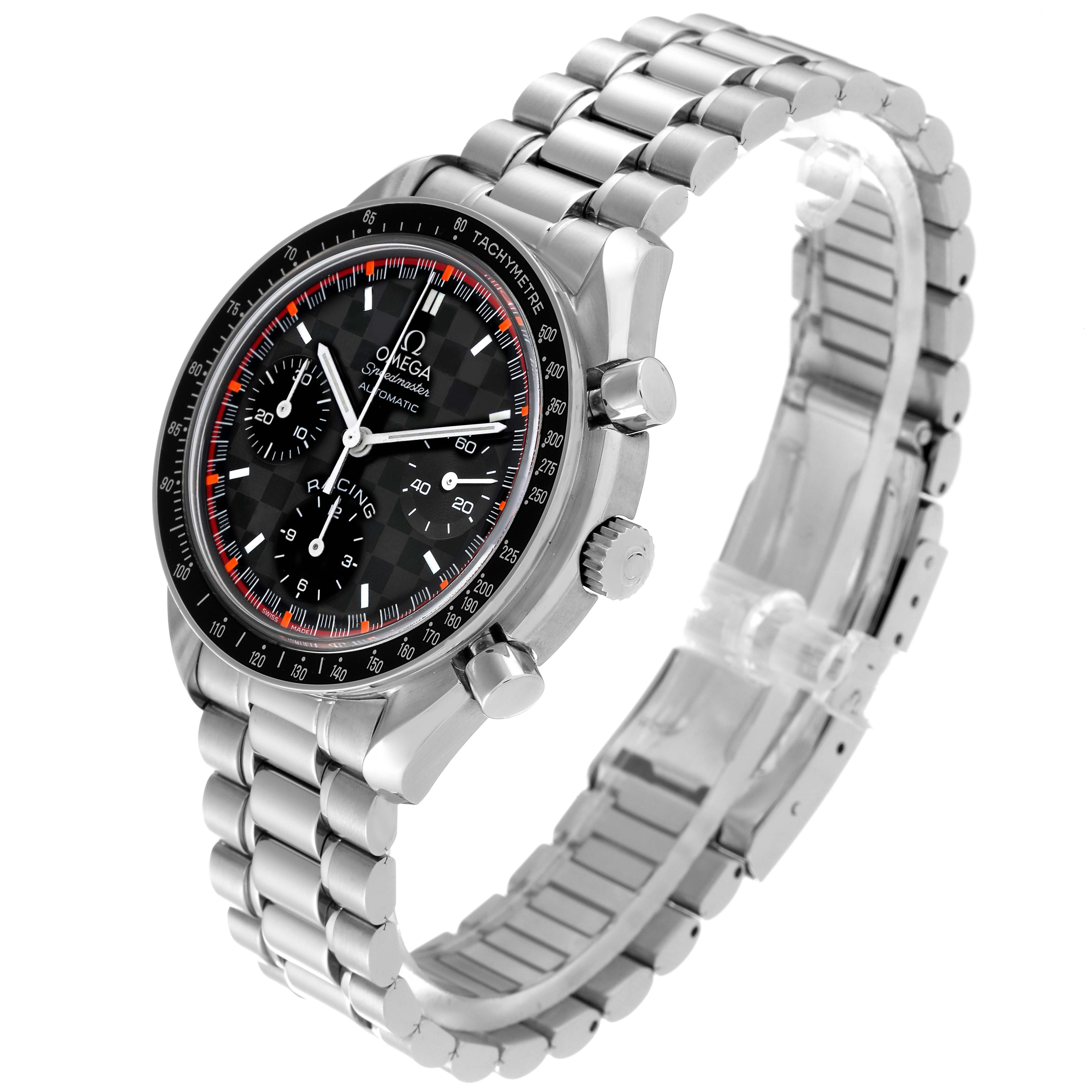 This image shows an Omega Speedmaster 3518.50.00 Men's Stainless Steel Black Dial 3518.50.00 Men's Stainless Steel Black Dial watch angled to display the bracelet, bezel, and partially the face details.