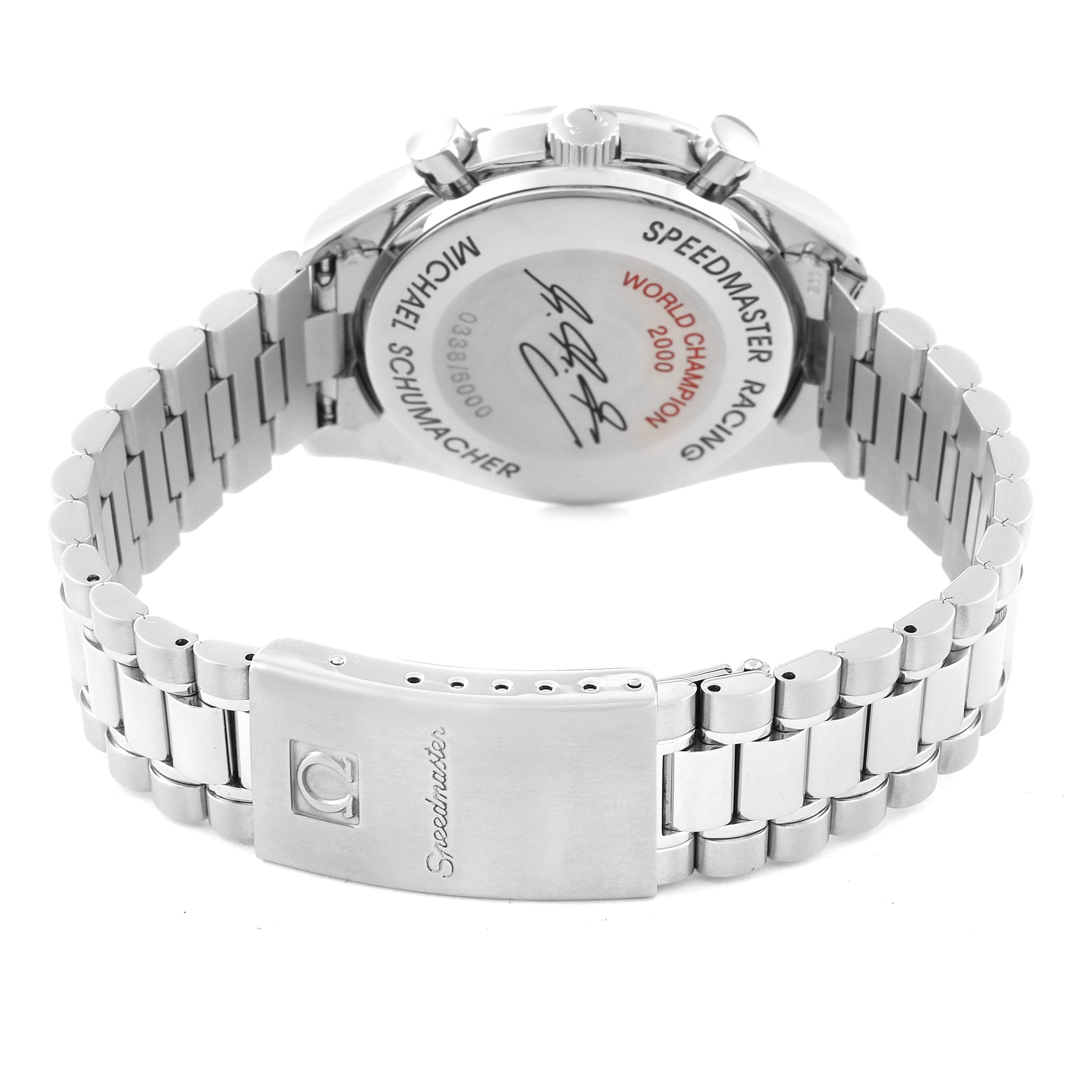 The image shows the back case and bracelet of an Omega Speedmaster 3518.50.00 Men's Stainless Steel Black Dial 3518.50.00 Men's Stainless Steel Black Dial, including the clasp and case back engravings.