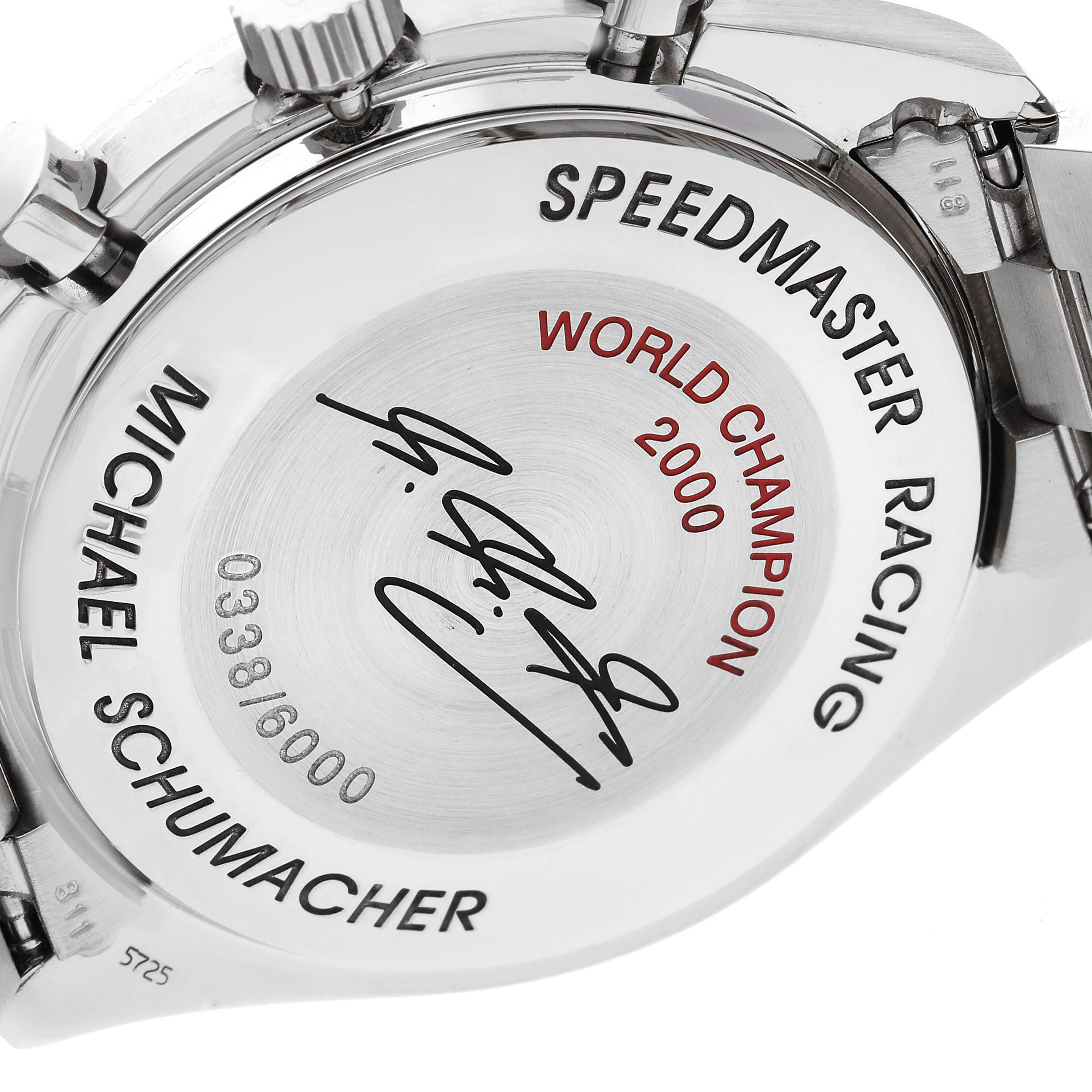 This image shows the case back of the Omega Speedmaster 3518.50.00 Men's Stainless Steel Black Dial 3518.50.00 Men's Stainless Steel Black Dial Racing watch, featuring an engraved dedication to Michael Schumacher.