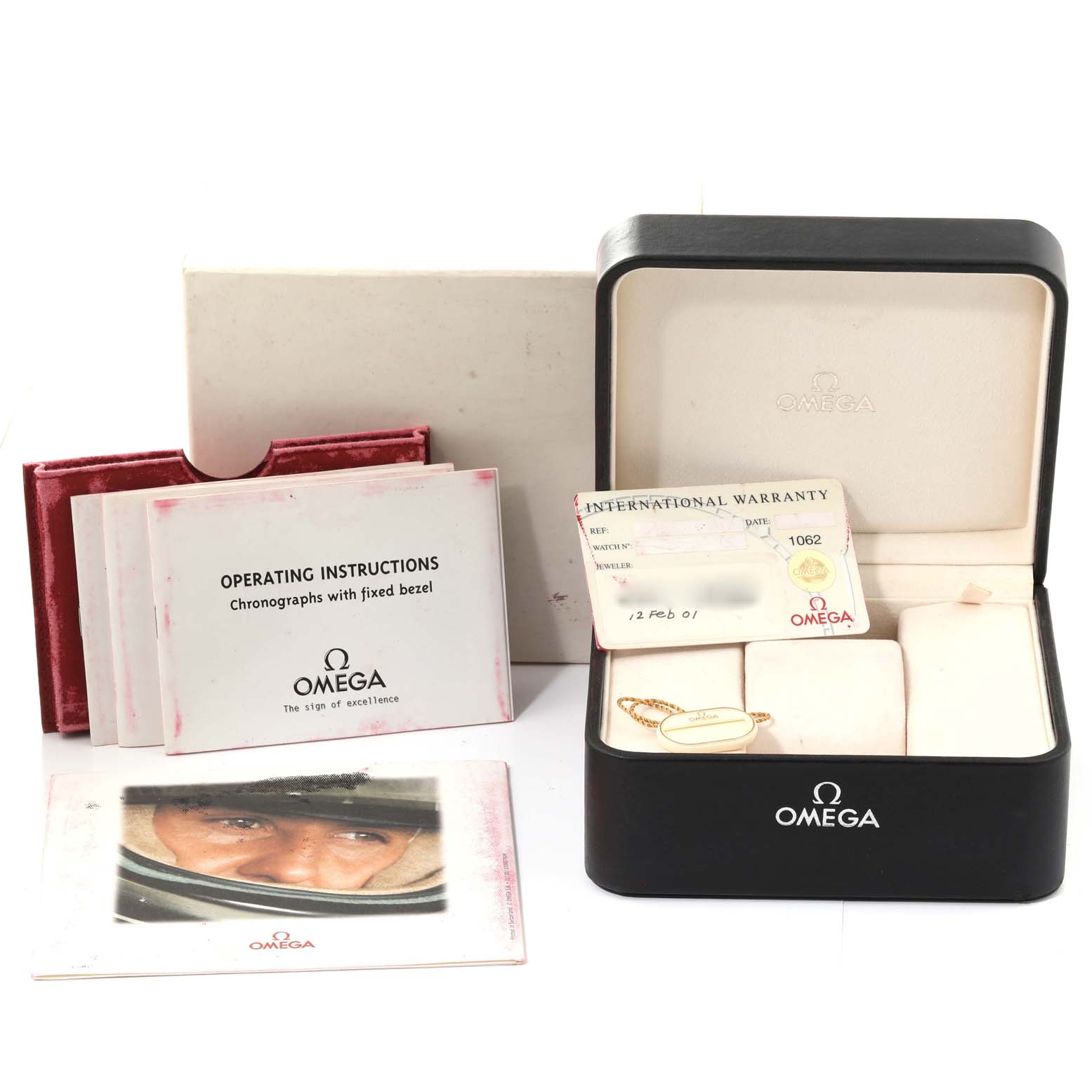 This image shows the box, operating instructions, warranty card, and other documentation for an Omega Speedmaster 3518.50.00 Men's Stainless Steel Black Dial 3518.50.00 Men's Stainless Steel Black Dial watch.