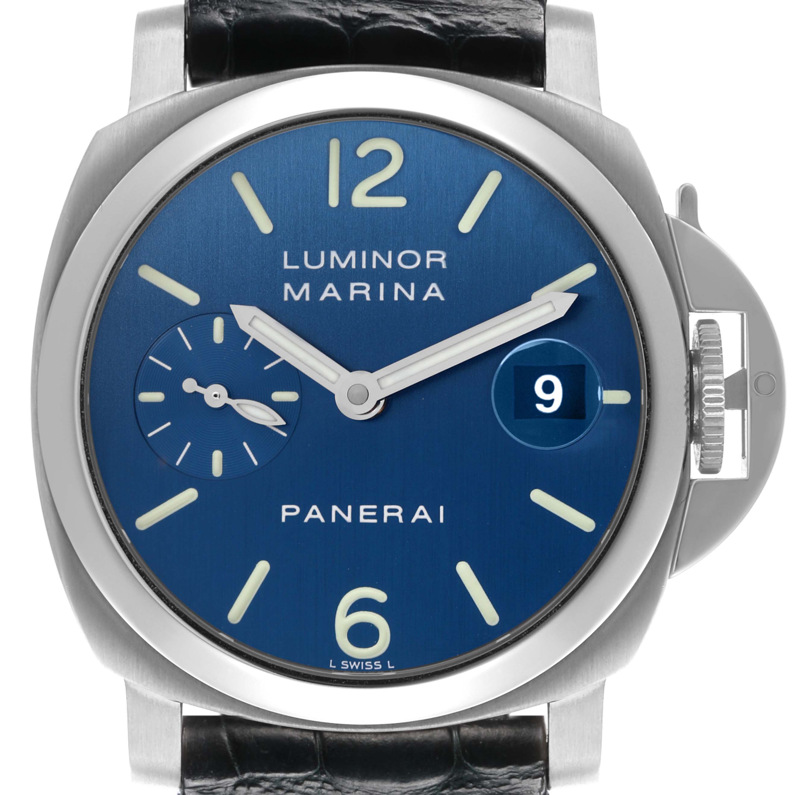 The image shows a frontal view of a Panerai Luminor PAM00119 Men
s Stainless Steel Blue Dial PAM00119 Men
s Stainless Steel Blue Dial watch, displaying the dial, crown, and part of the strap.