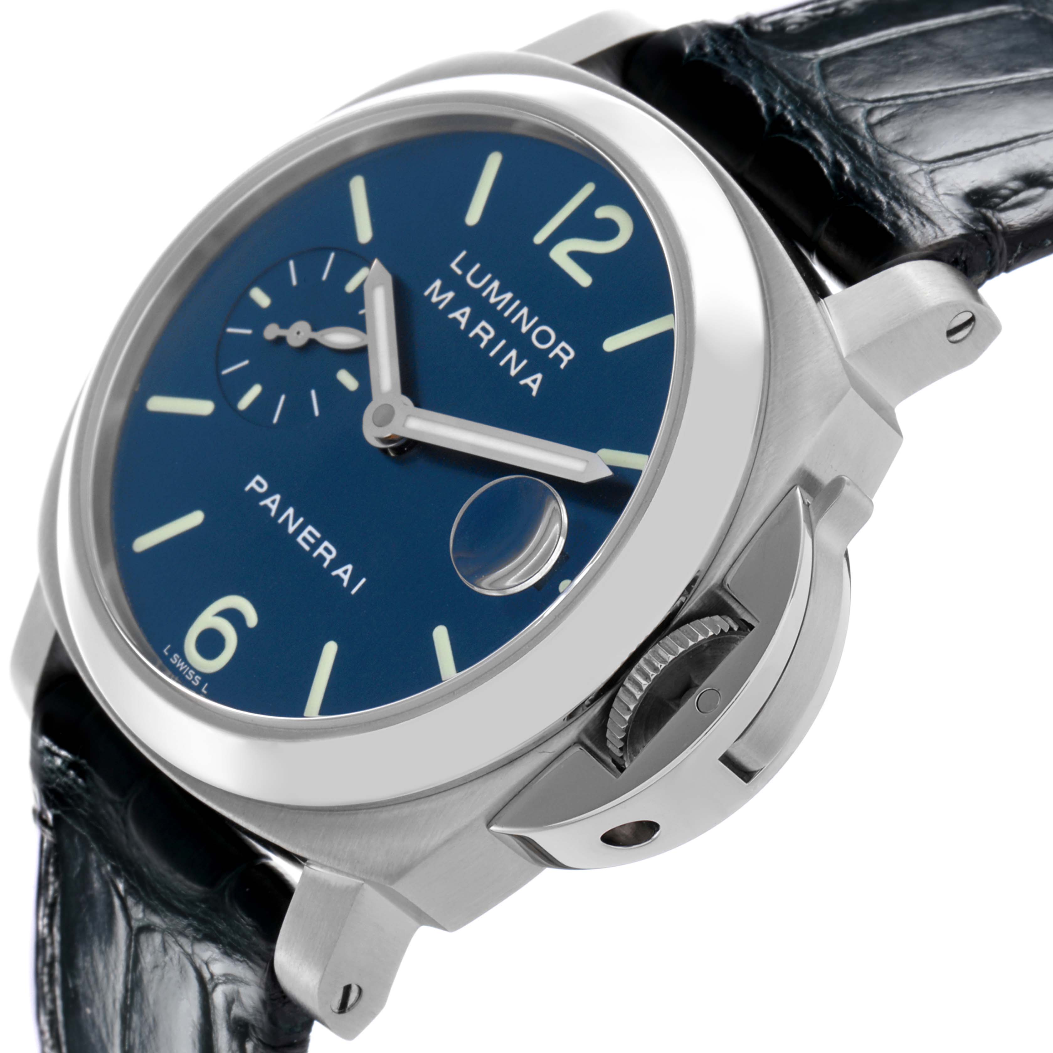 The Panerai Luminor PAM00119 Men
s Stainless Steel Blue Dial PAM00119 Men
s Stainless Steel Blue Dial watch is shown at an angled view highlighting the dial, crown, and strap.