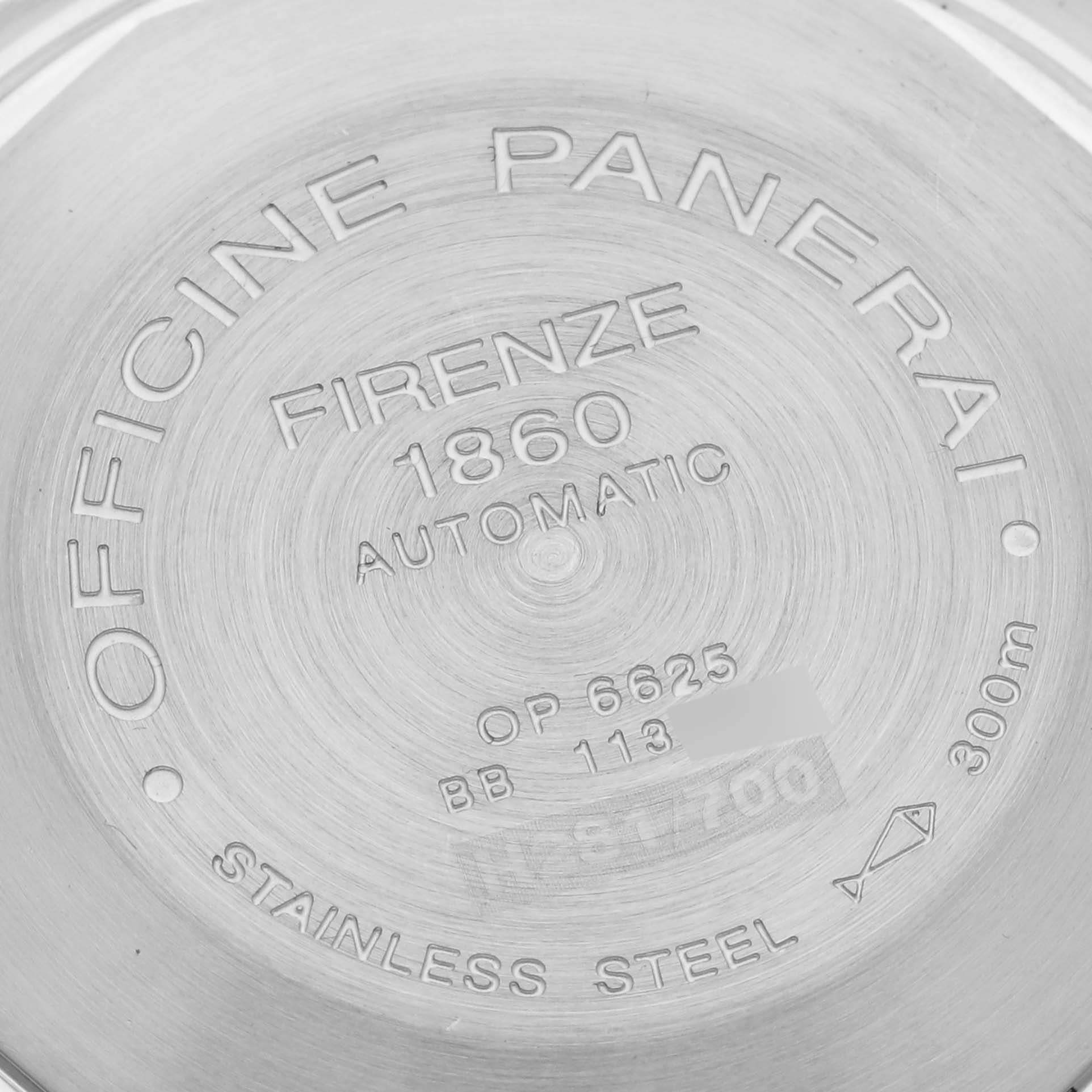 The image shows the engraved back of a Panerai Luminor PAM00119 Men
s Stainless Steel Blue Dial PAM00119 Men
s Stainless Steel Blue Dial watch, displaying details like "Officine Panerai" and water resistance.