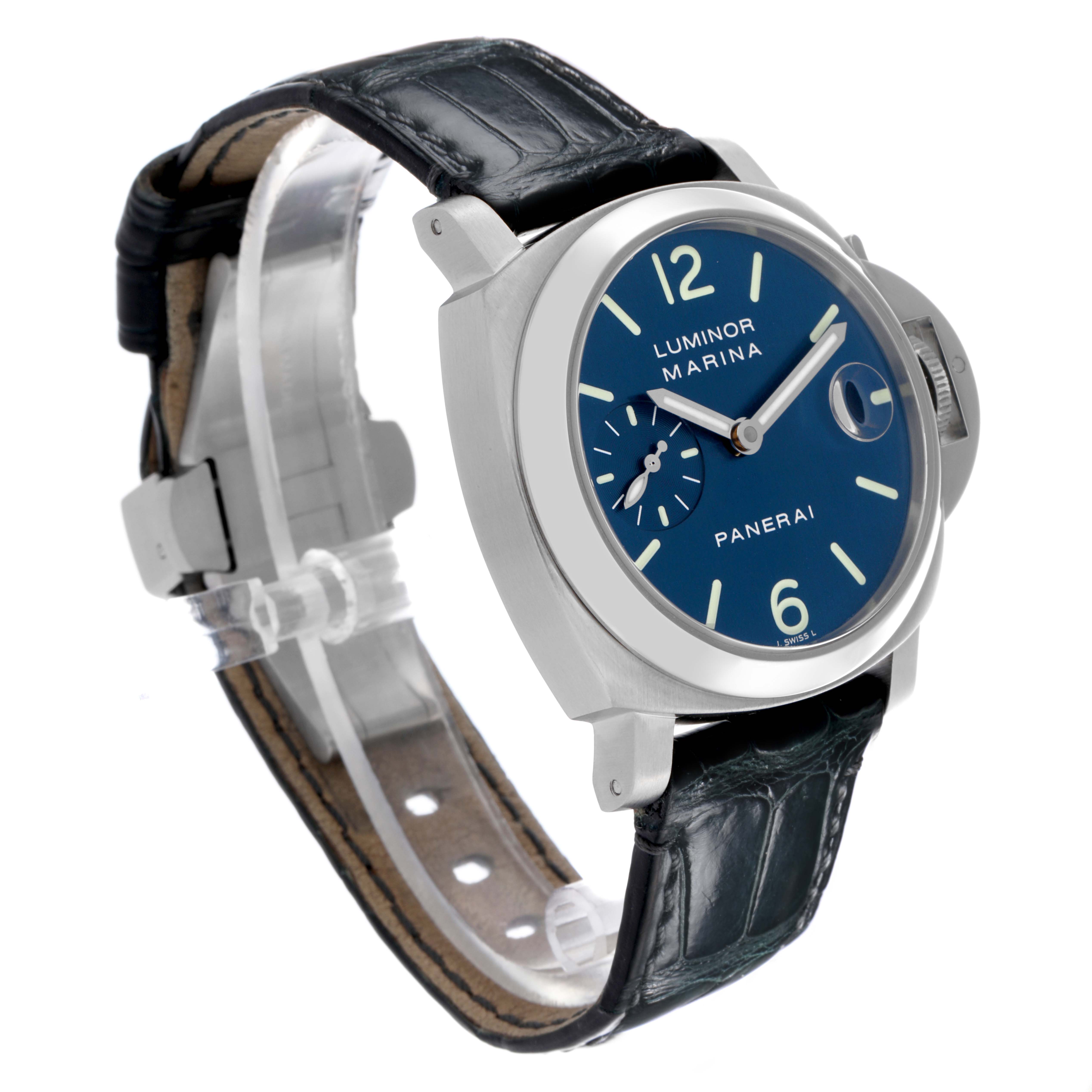 The Panerai Luminor PAM00119 Men
s Stainless Steel Blue Dial PAM00119 Men
s Stainless Steel Blue Dial watch is shown at a three-quarter angle, highlighting the dial, case, and strap.