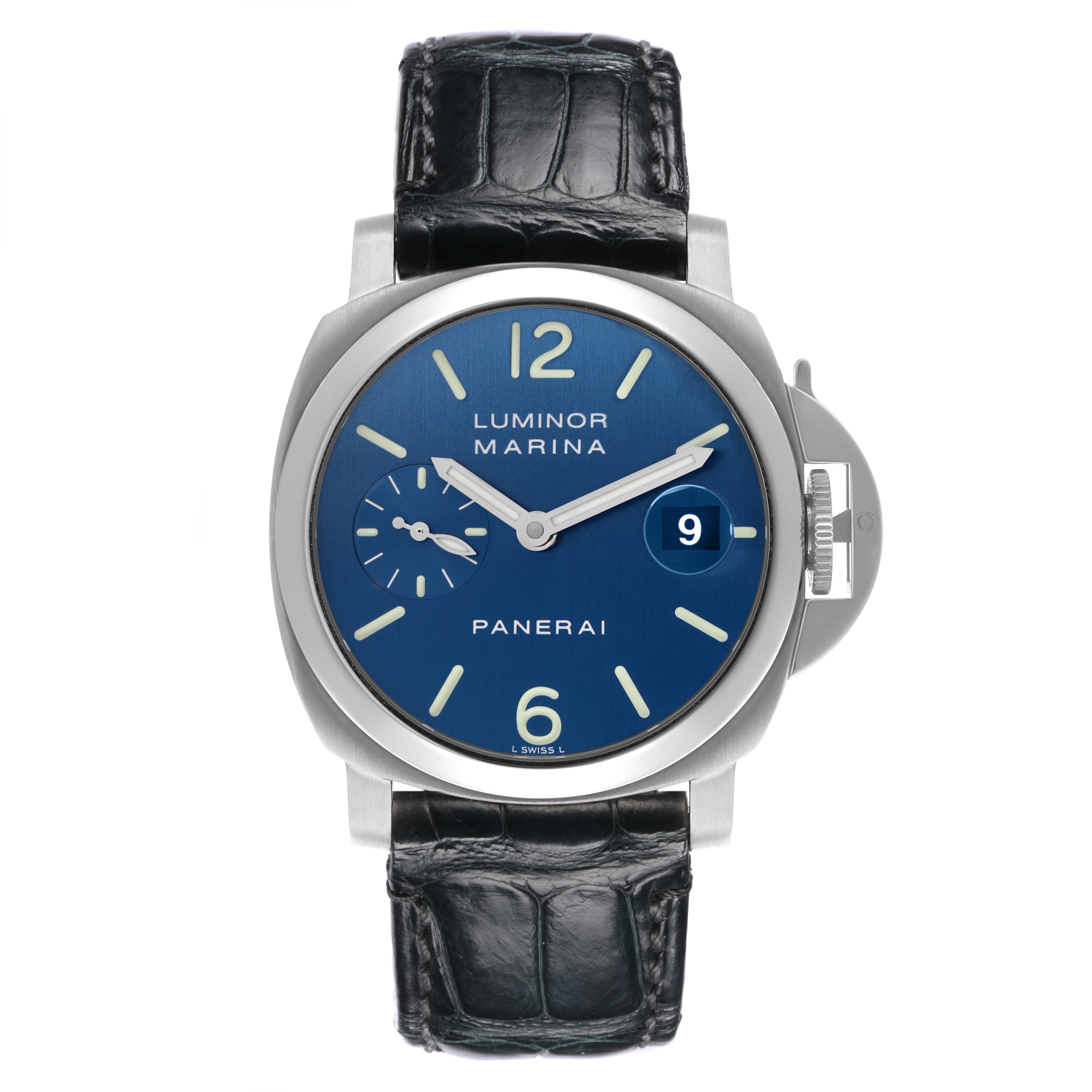The image shows a front view of the Panerai Luminor PAM00119 Men
s Stainless Steel Blue Dial PAM00119 Men
s Stainless Steel Blue Dial watch displaying the dial, crown guard, and leather strap.