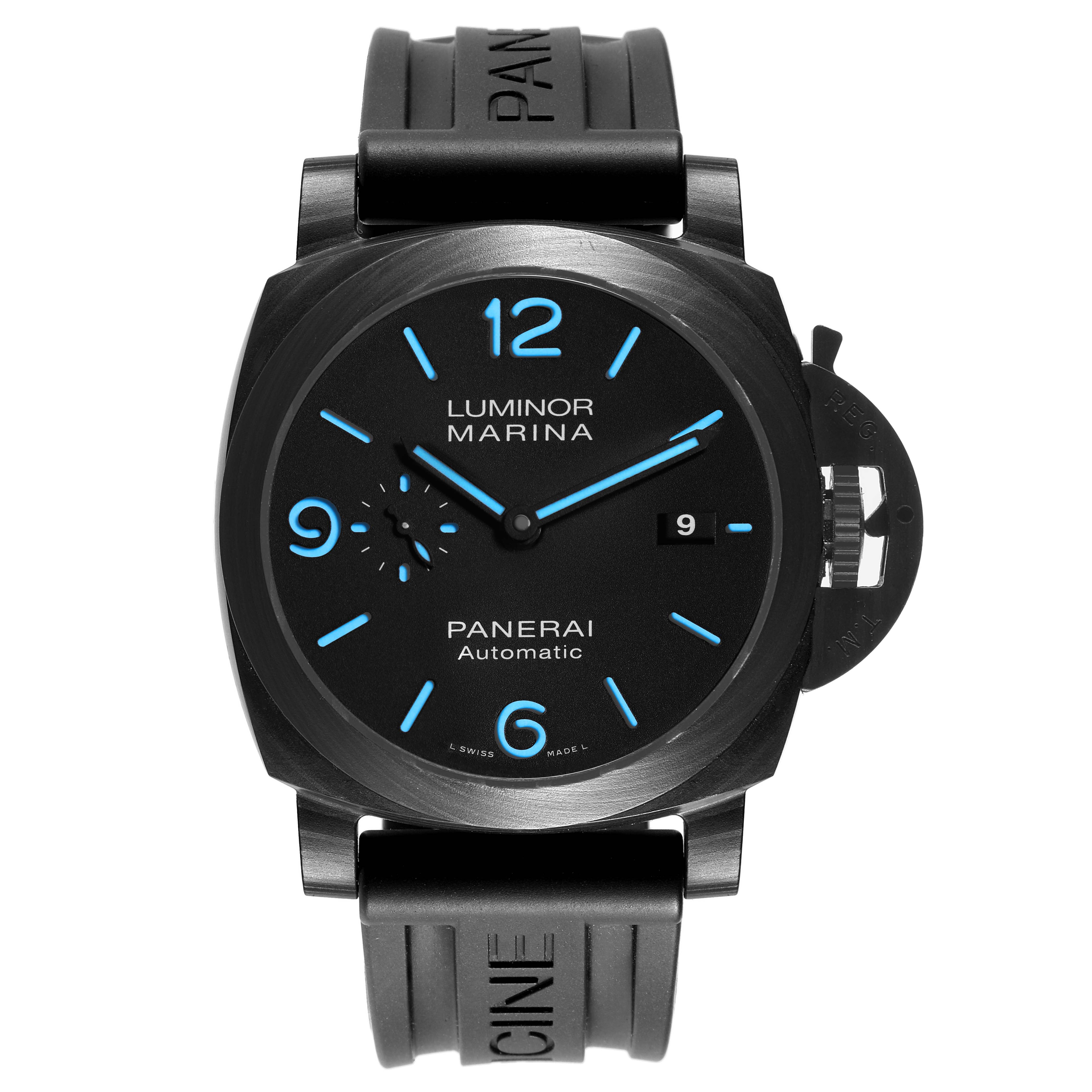 The Panerai Luminor PAM01661 Men's Ceramic Black Dial watch is shown from a front angle, highlighting its face, crown guard, and rubber strap.