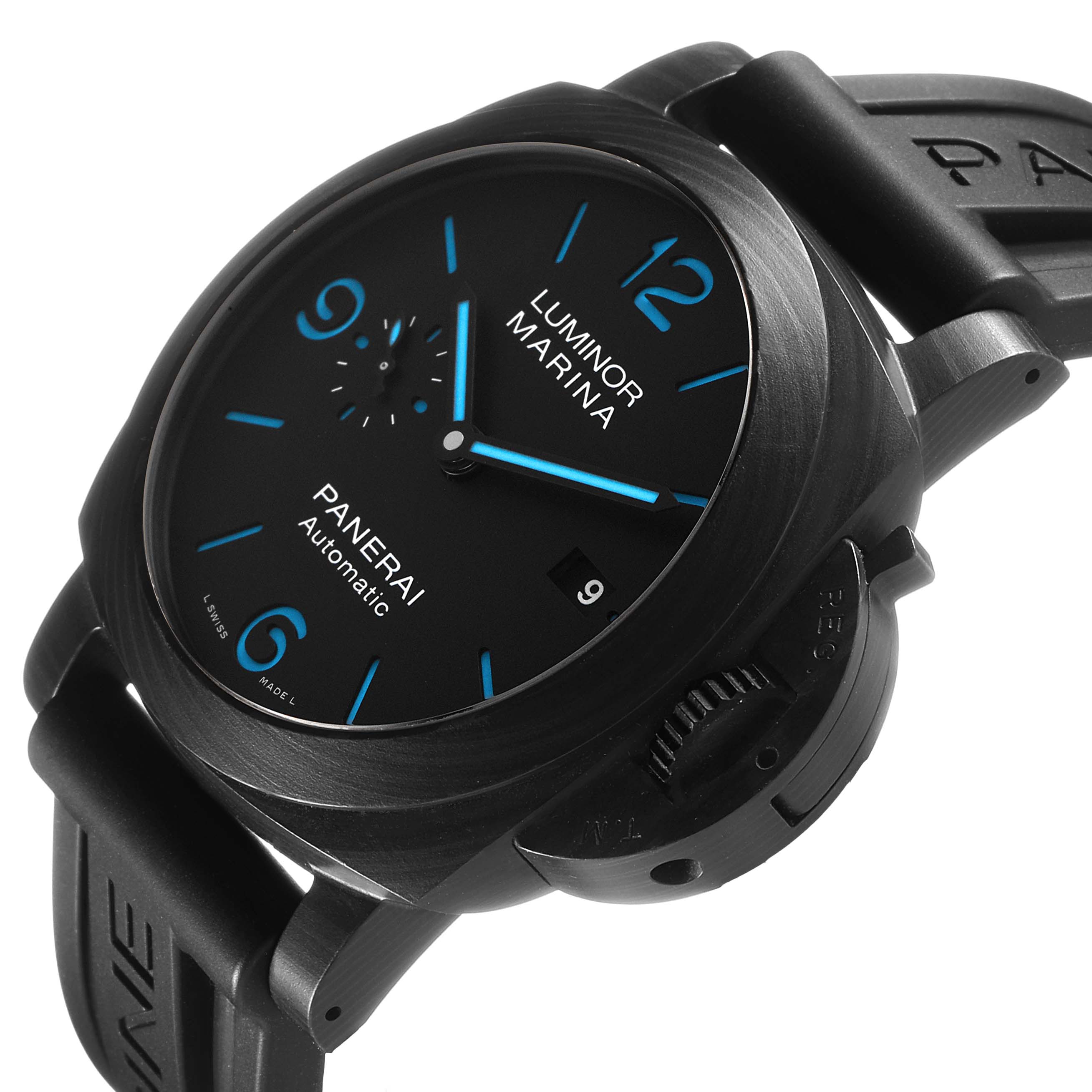 The Panerai Luminor PAM01661 Men's Ceramic Black Dial watch is shown at an angled side view, highlighting the dial, luminescent markers, crown guard, and strap.