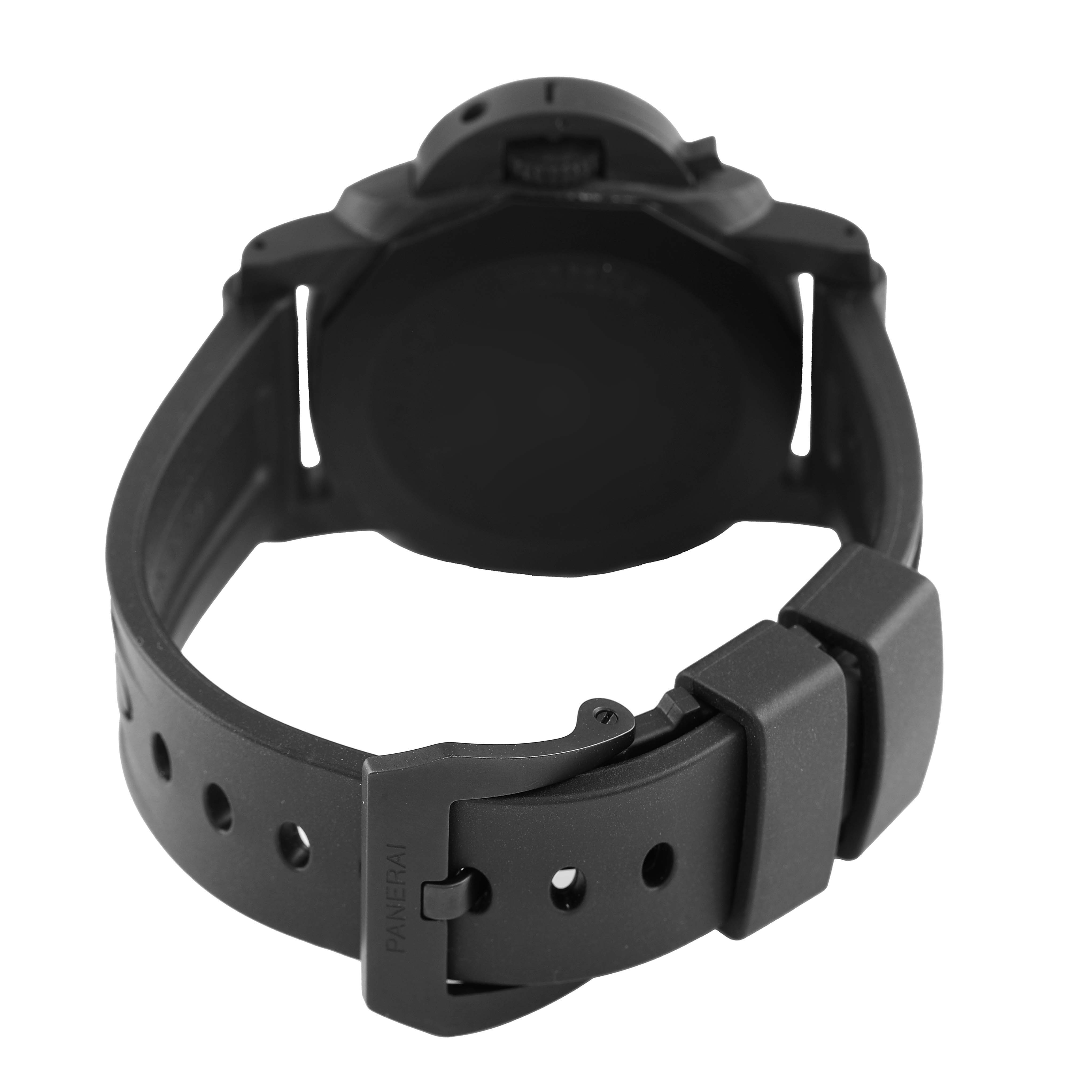 The Panerai Luminor PAM01661 Men's Ceramic Black Dial watch is shown from the back, displaying the case back and a rubber strap with a buckle.